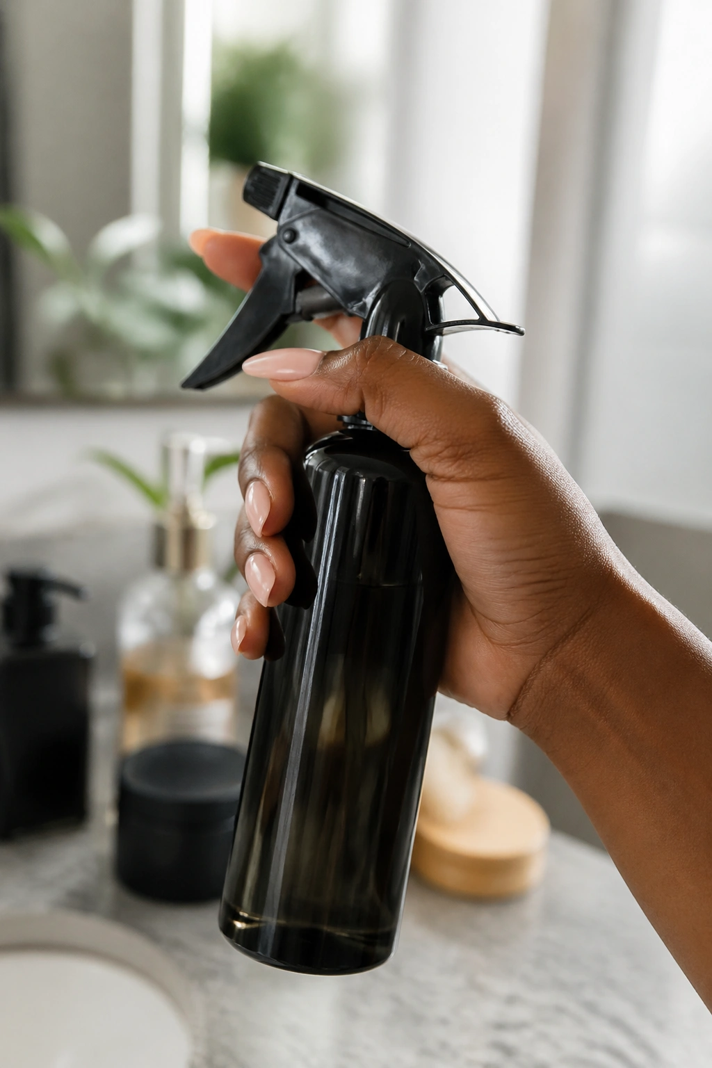 Close-up of hand holding spray bottle in bathroom for quick hair routine
