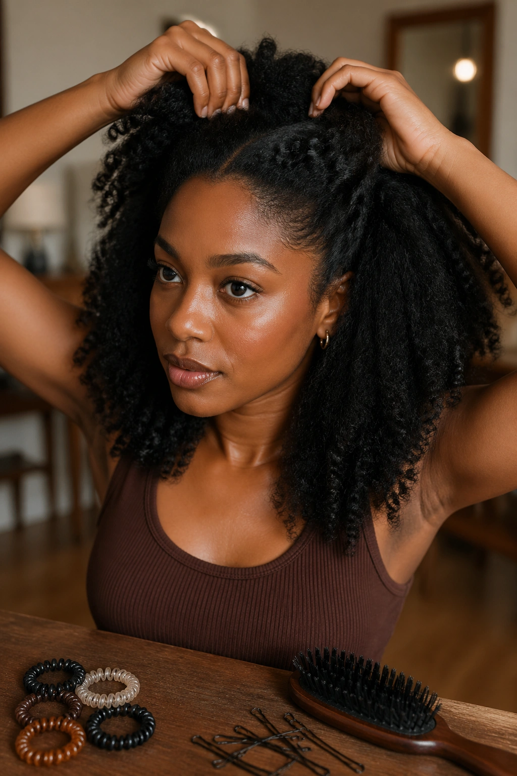 Portrait showing hands near hair and a few hair tools within reach.