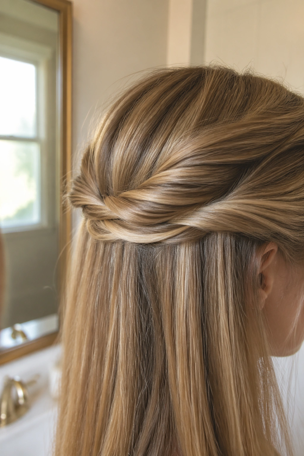 Close-up twisted half up hairstyle on straight hair