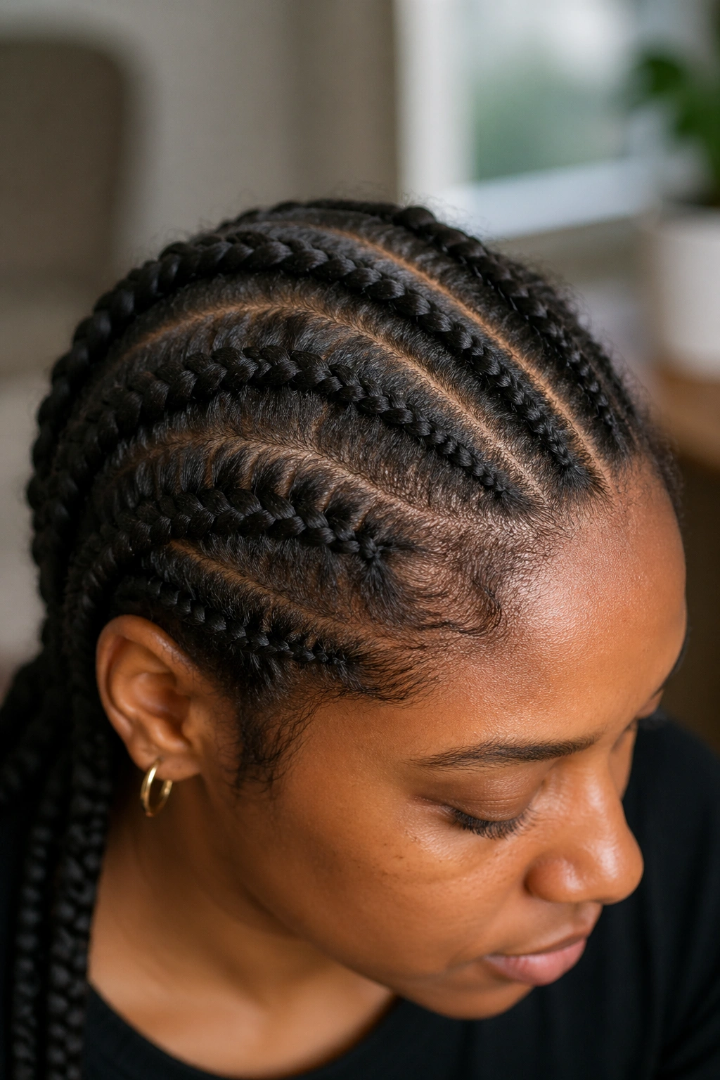 Real person with curl pattern visible through French cornrow