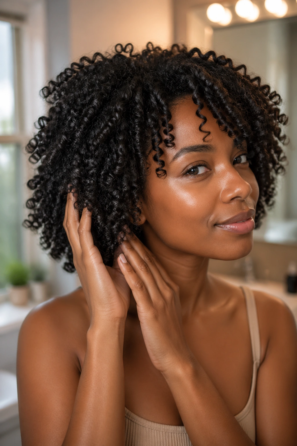 Close-up portrait of a Black woman with moisturized curls in a warm bathroom setting.