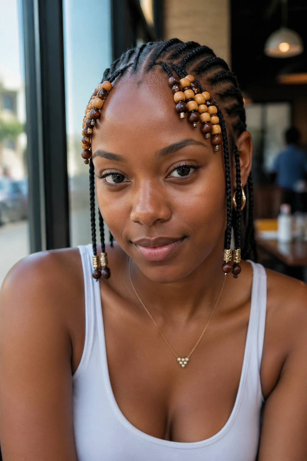 Face-framing beads concentrated at the hairline on real person