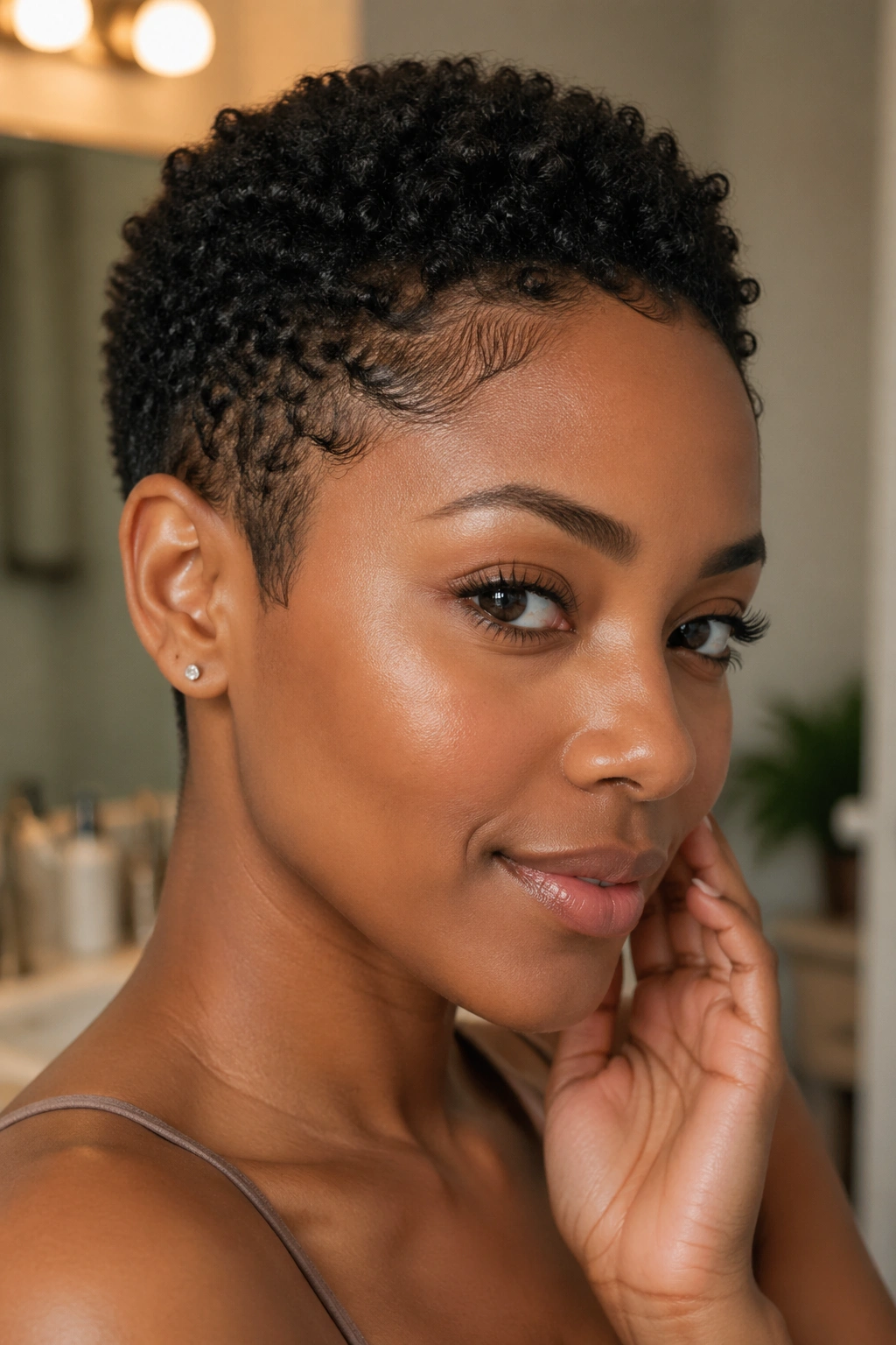 Close-up of healthy hairline and edges on a short natural haircut