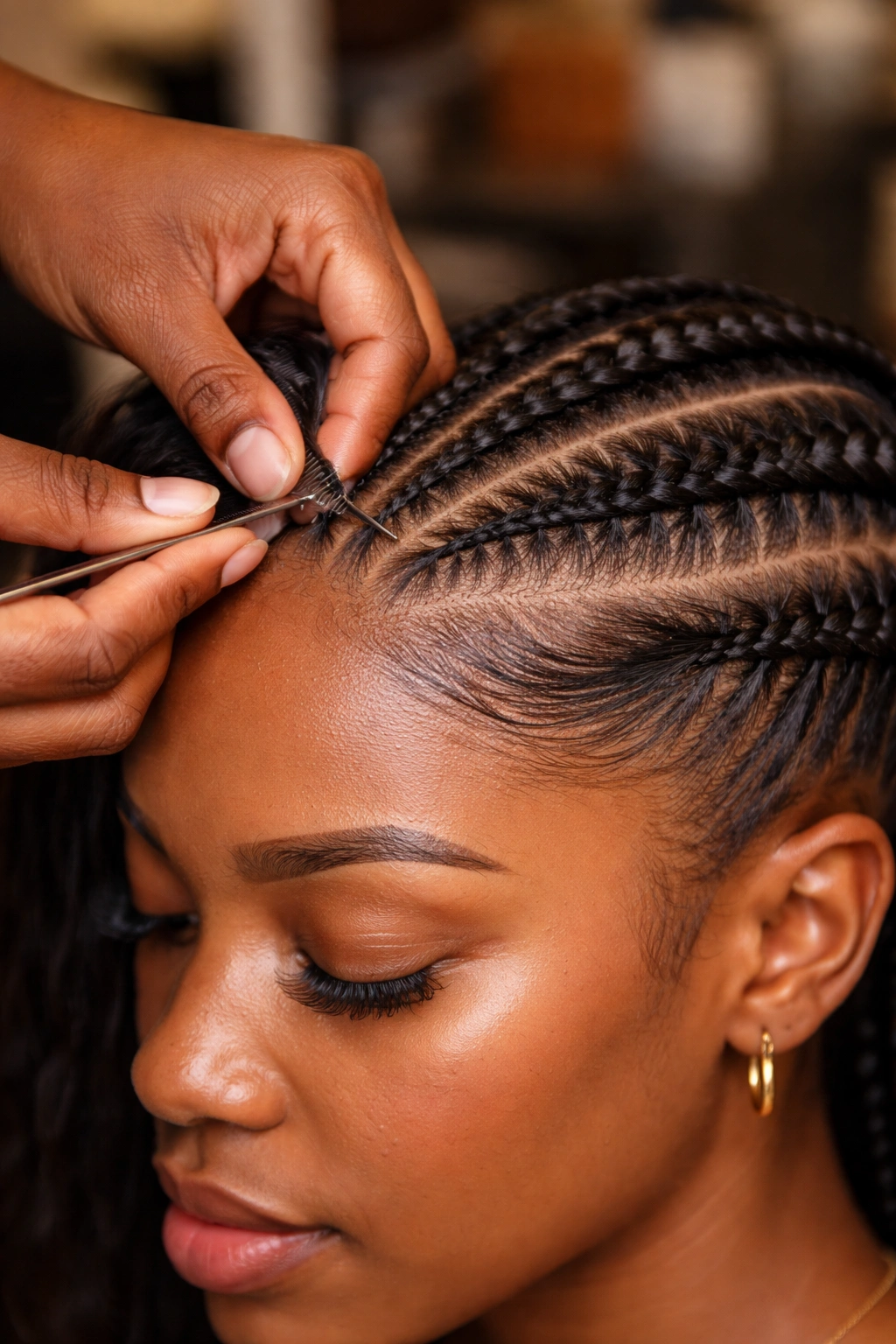 Hairline close-up showing initial stitches following natural growth direction