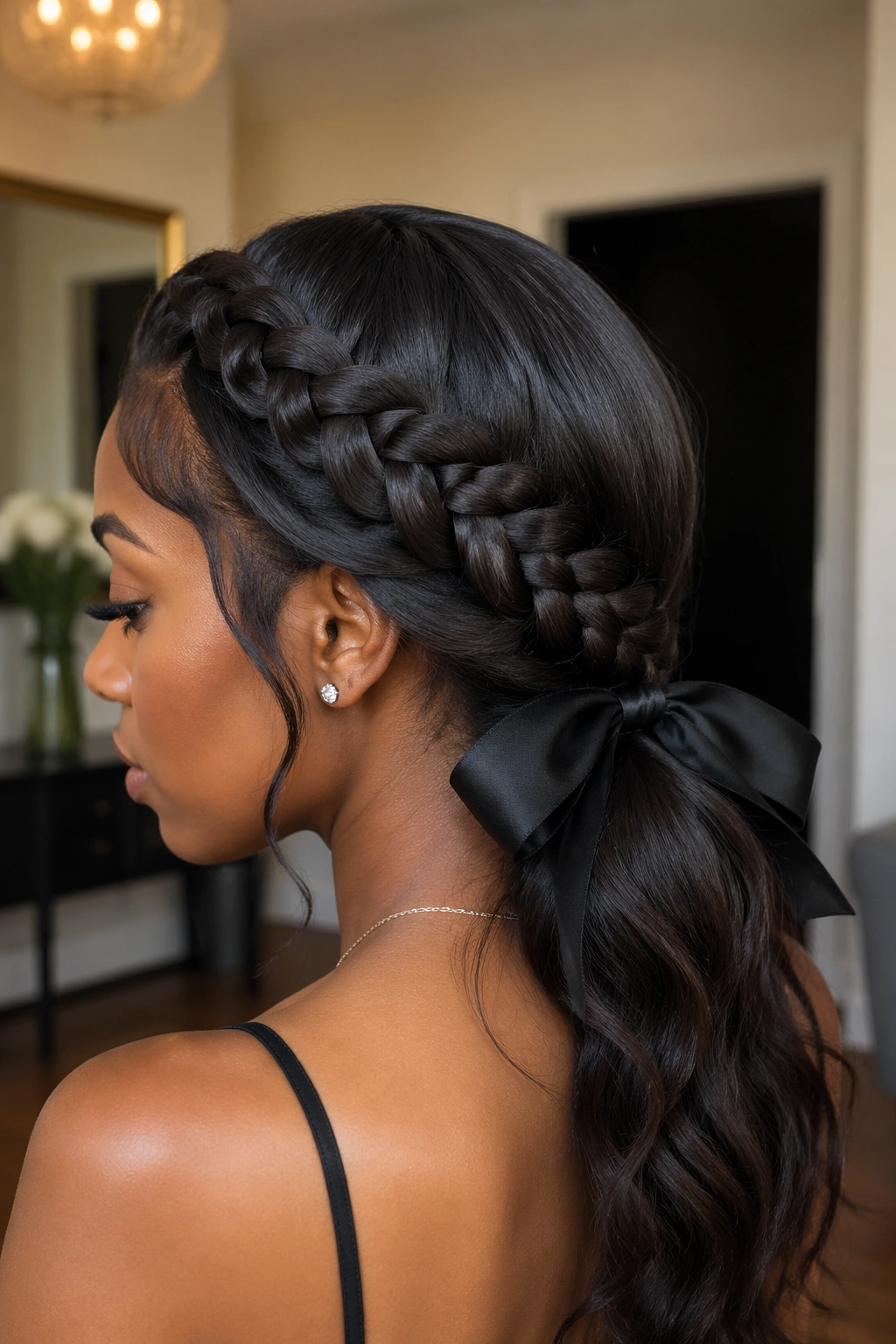 Close-up of a real woman with braided crown weave and low tail bow
