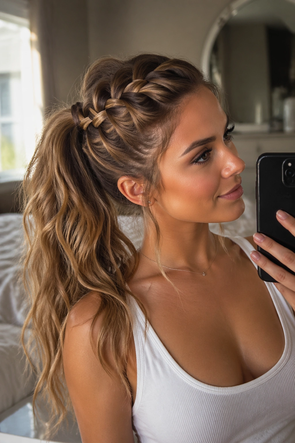 Close-up Dutch-braid ponytail on wavy hair in bedroom mirror selfie