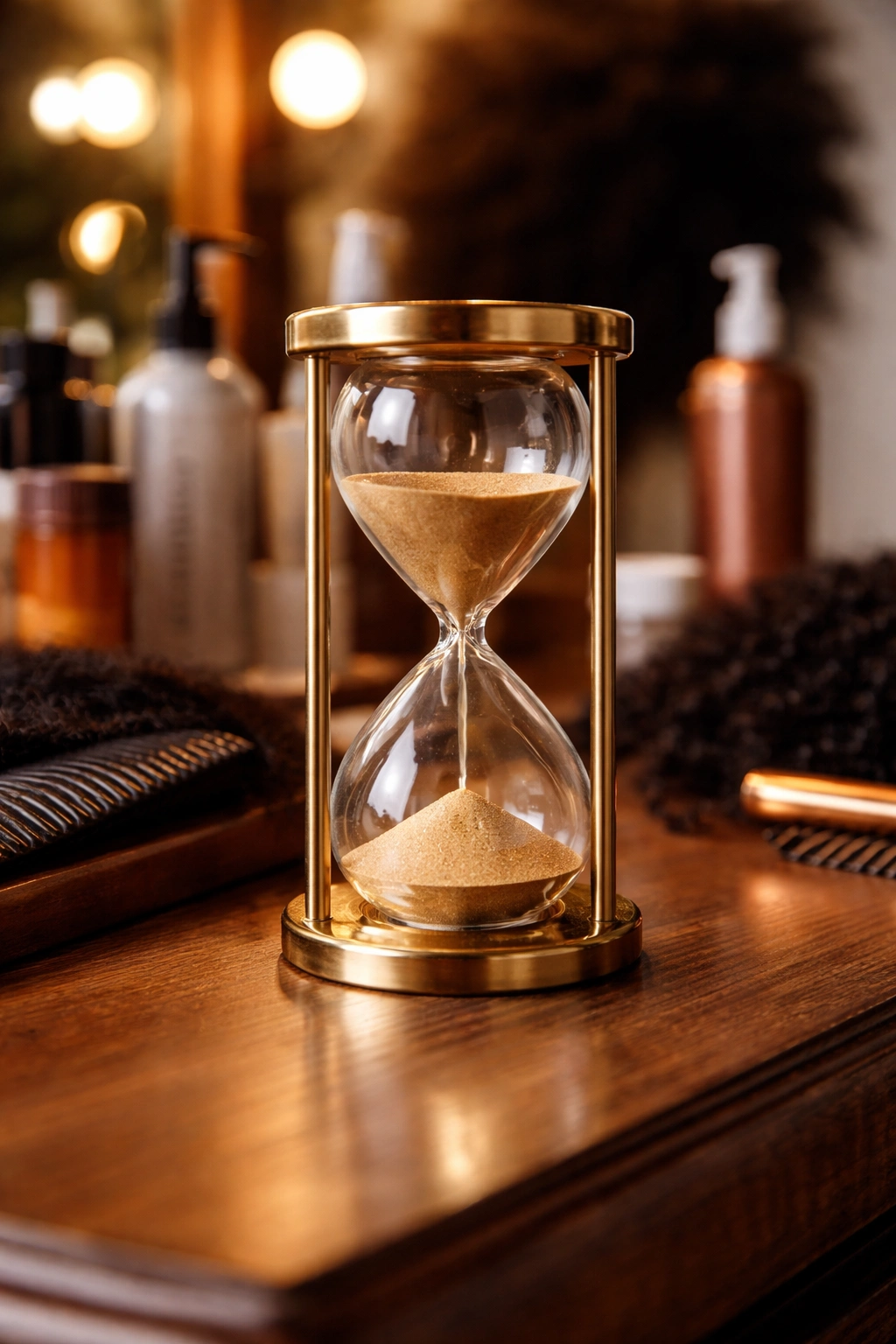 Hourglass on a salon vanity representing hairstyle timing.