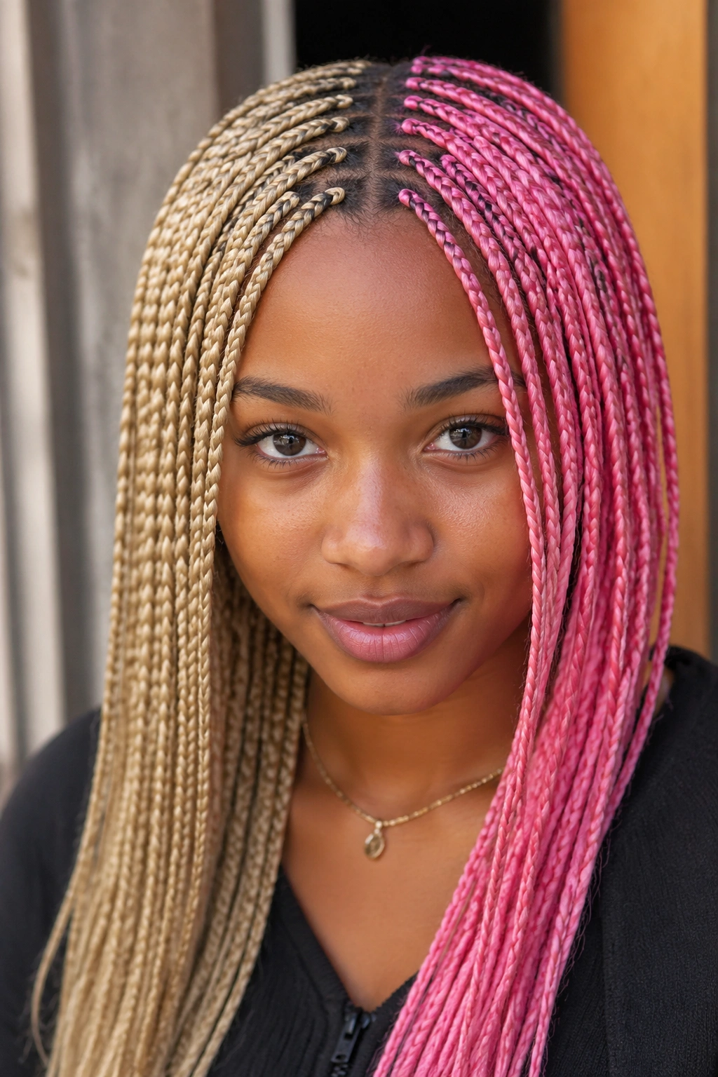 Portrait of real woman with half-and-half blonde and pink box braids