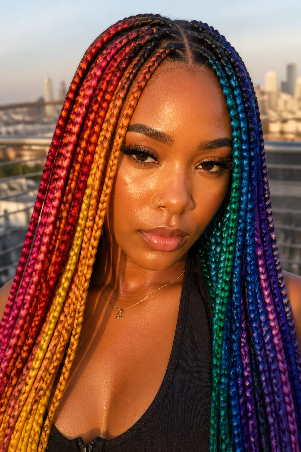 Close-up of a real person with half-and-half rainbow box braids on a rooftop at golden hour