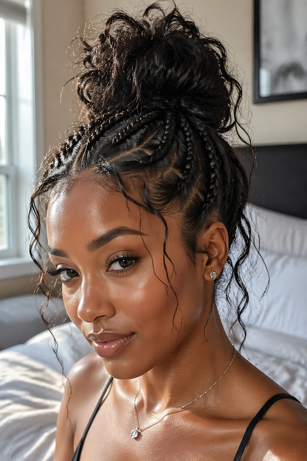 Close-up of a real Black woman wearing Half-Braided, Half-Bun Ponytail Style with a top braid and loose crown bun