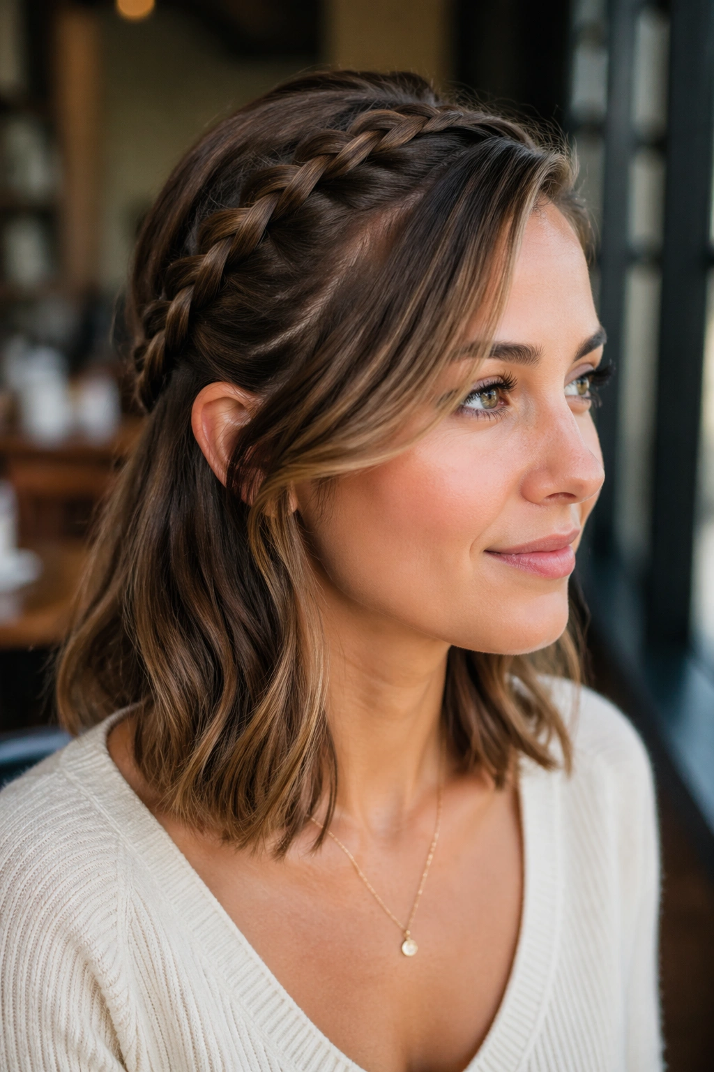 Close-up portrait of a real woman with half-braided crown and swooped front