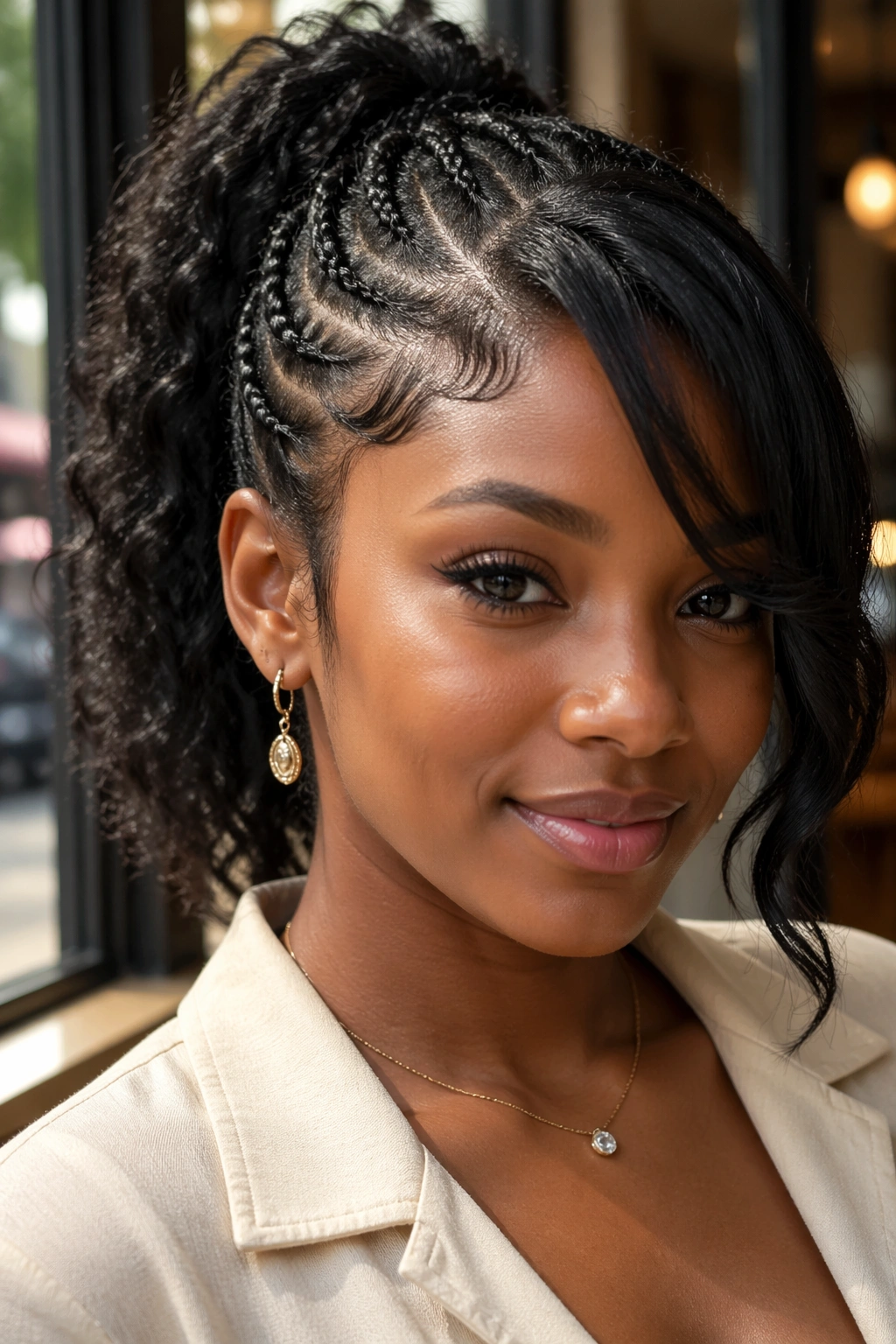 Close-up of a real Black woman with a half-braided ponytail and loose side bang in warm cafe light.