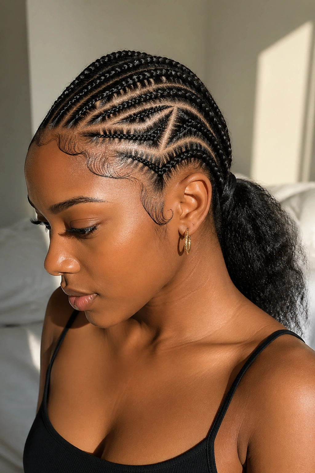 Close-up portrait of a real woman with half-braided tribal style showing top cornrows and a low ponytail
