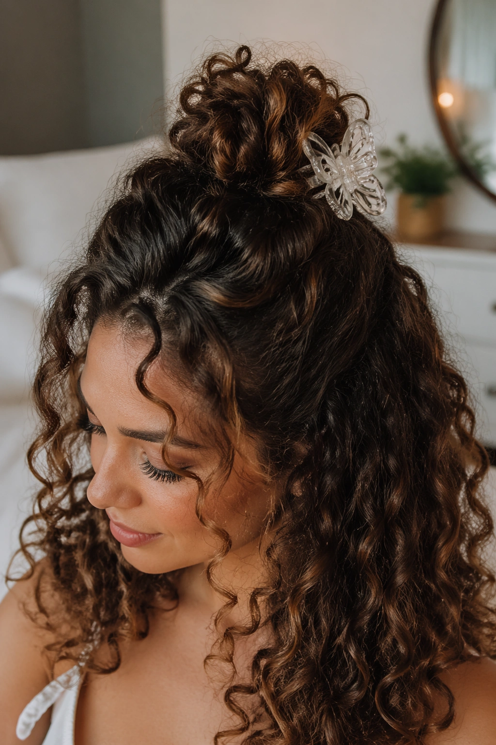 Real-person portrait with half-bun secured by a butterfly clip against a softly lit interior backdrop.