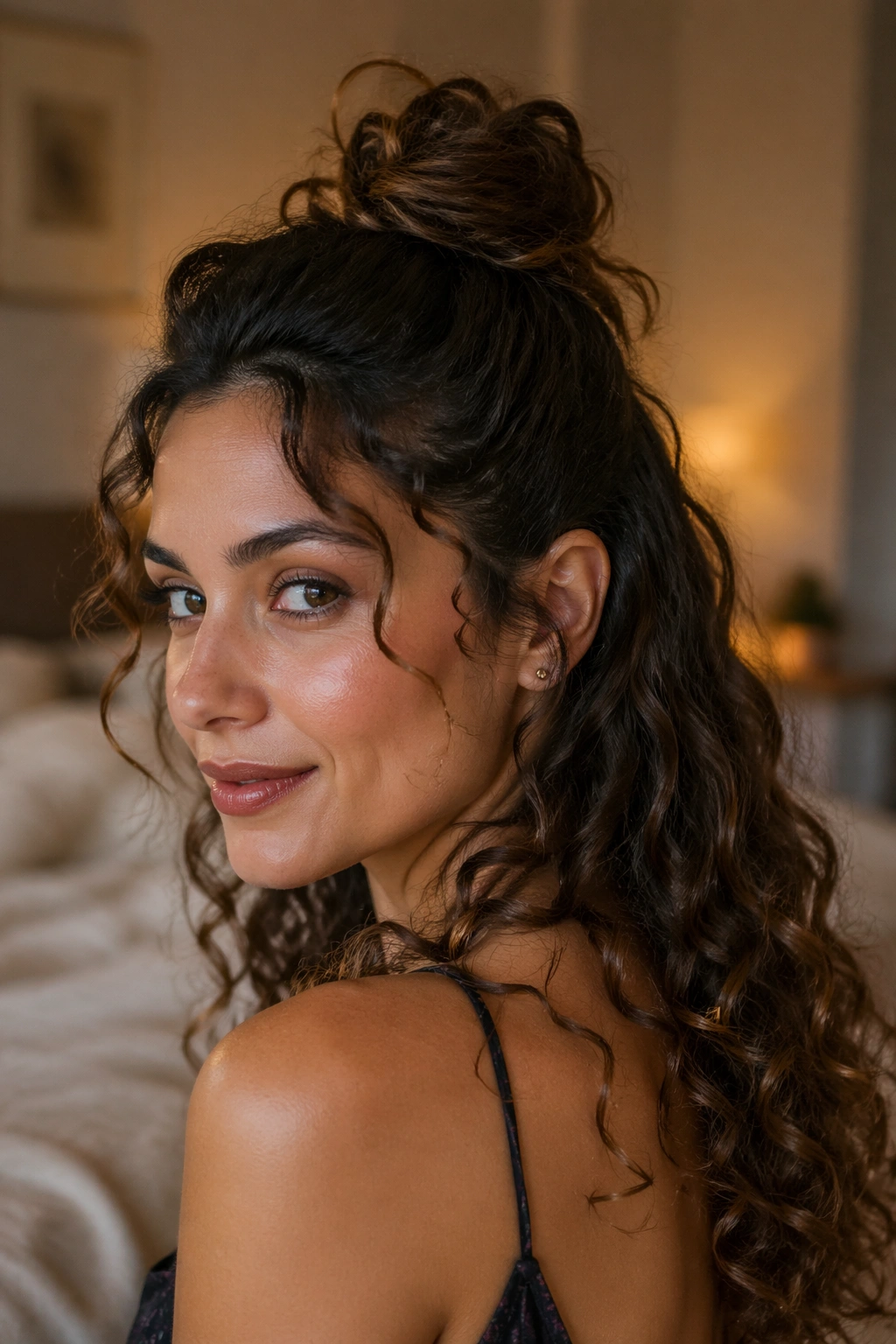Close-up portrait of a real woman with half bun and hidden clip