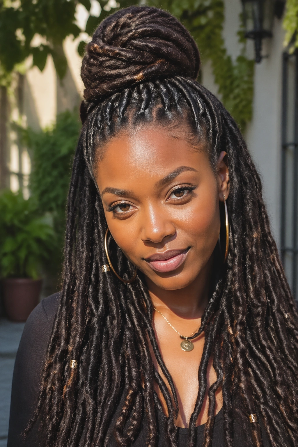Close-up of a real Black woman with half bun on locs at the crown
