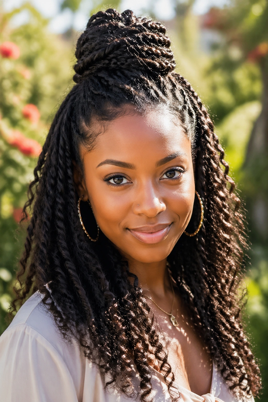 Close-up of a woman with a twisted half bun and loose curls below