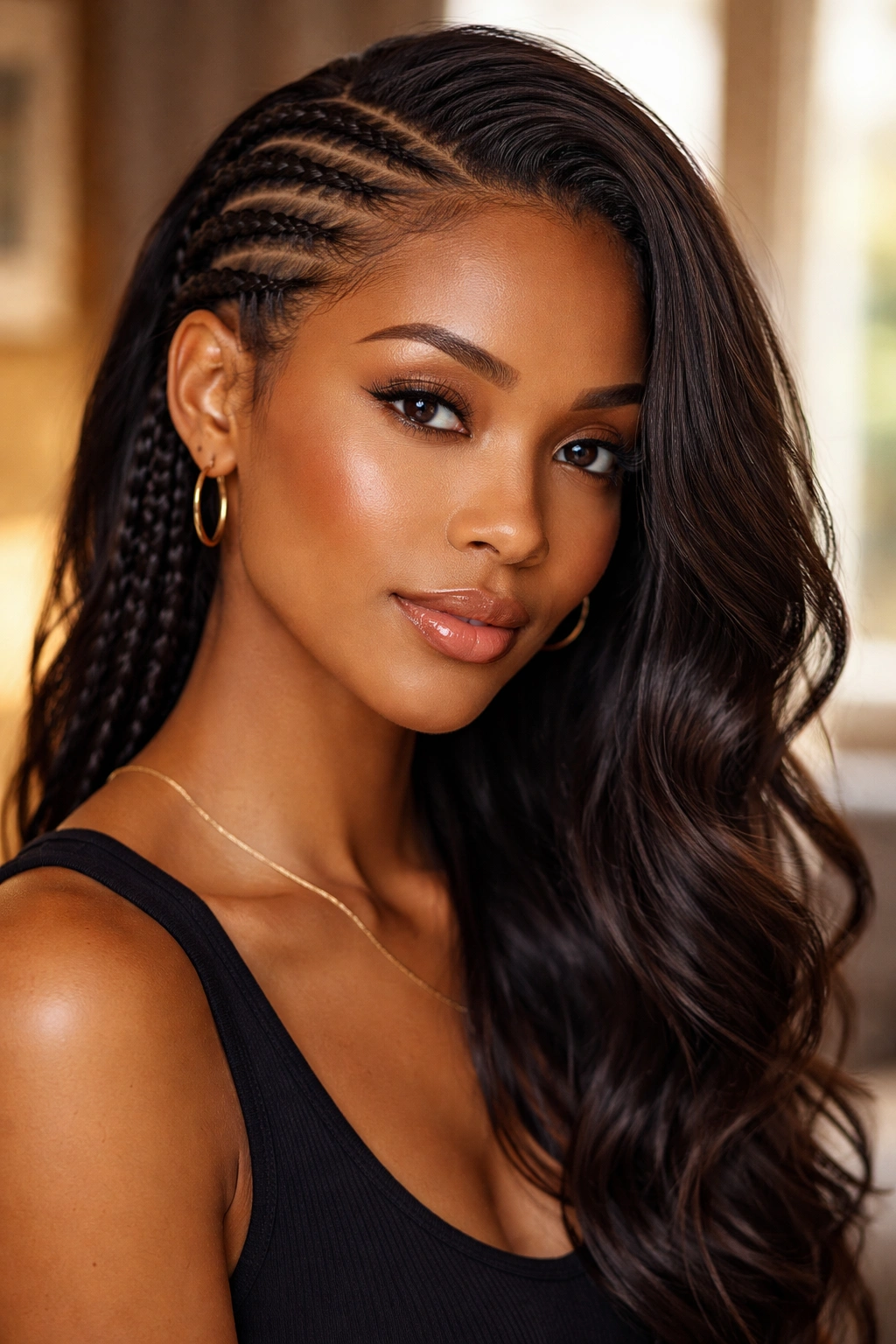 Close-up portrait of a real woman with asymmetric half cornrow and loose side.