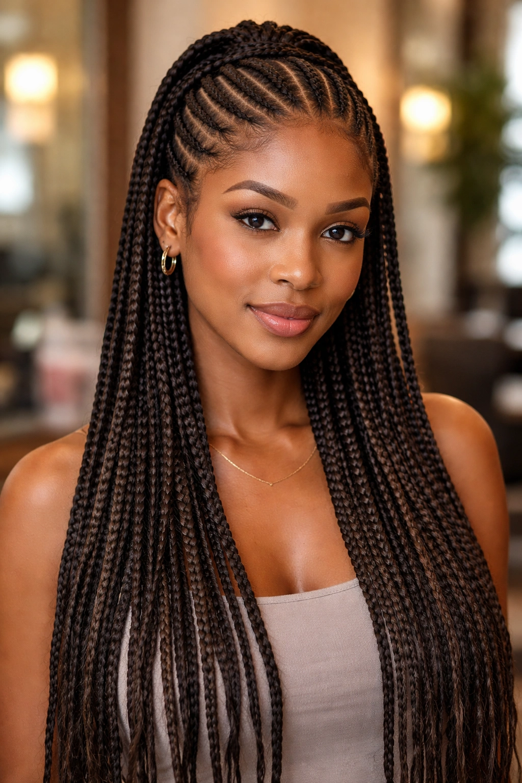 Portrait of a woman with half cornrows on top and box braids below, showing half-up style.