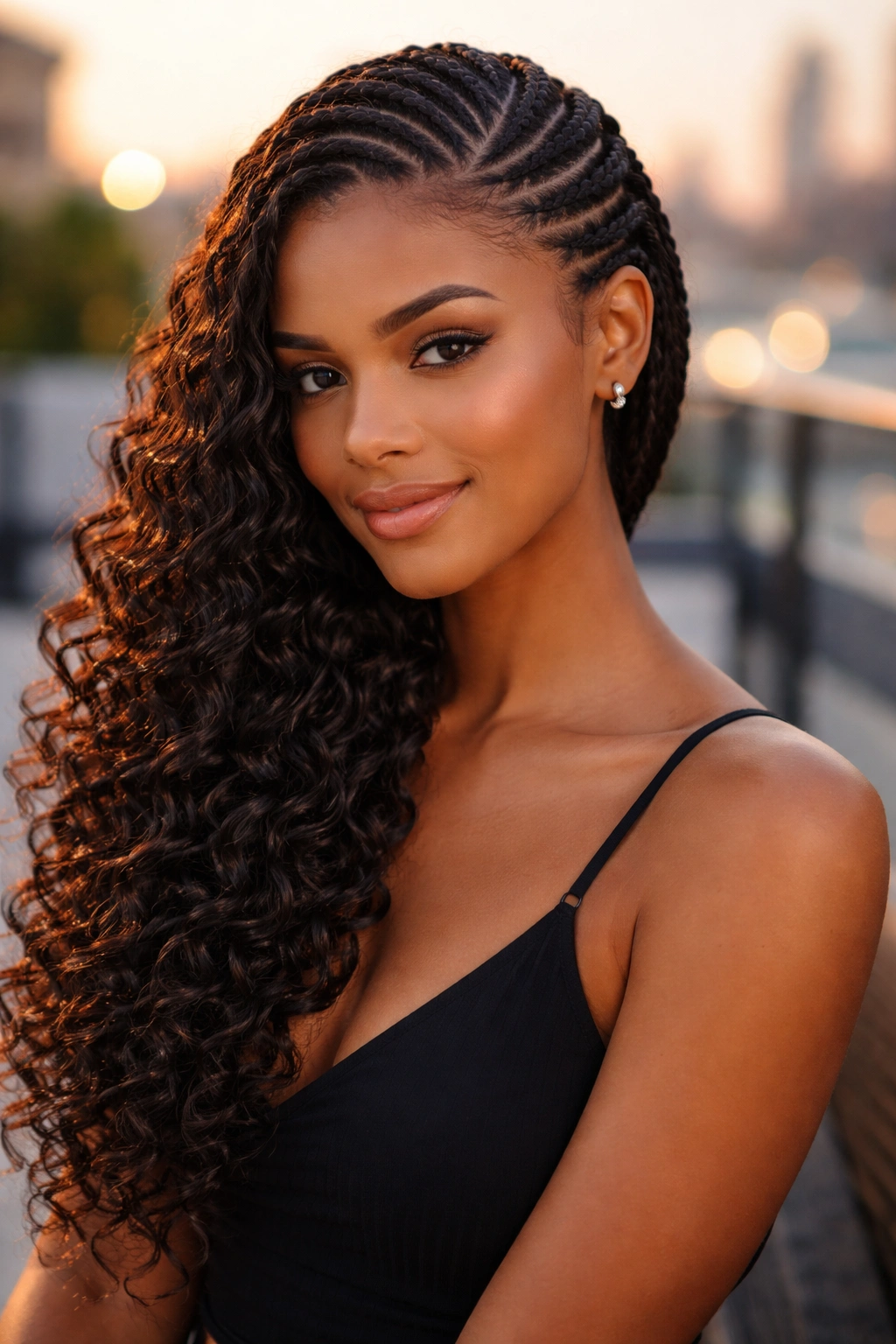 Close-up of a real person with half cornrow and curls cascading over a shoulder.