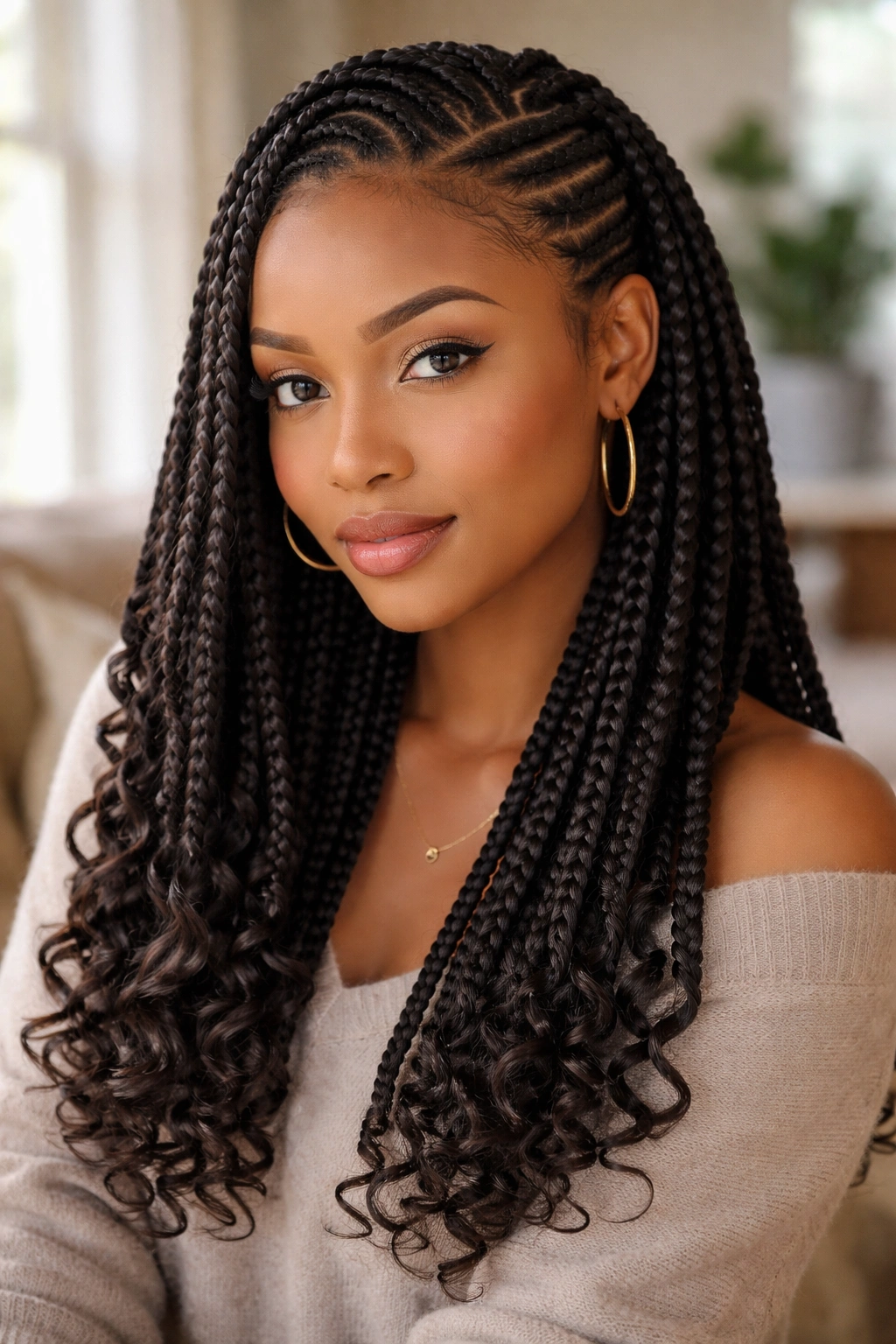 Close-up of a real woman with half cornrows and curly-tip box braids in warm indoor light