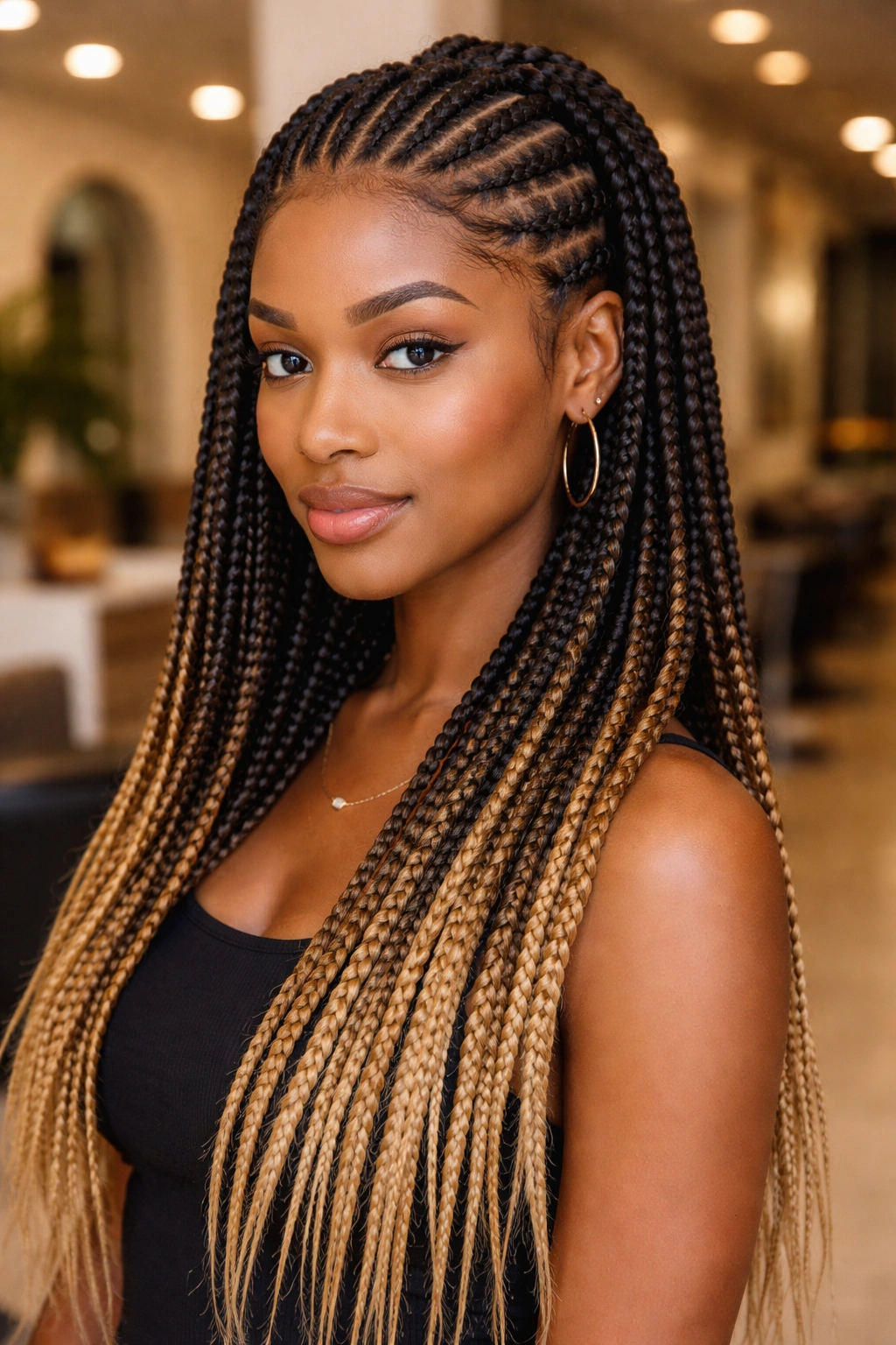 Close-up of a real woman with half cornrows on top and ombré honey-to-ends box braids; salon lighting.