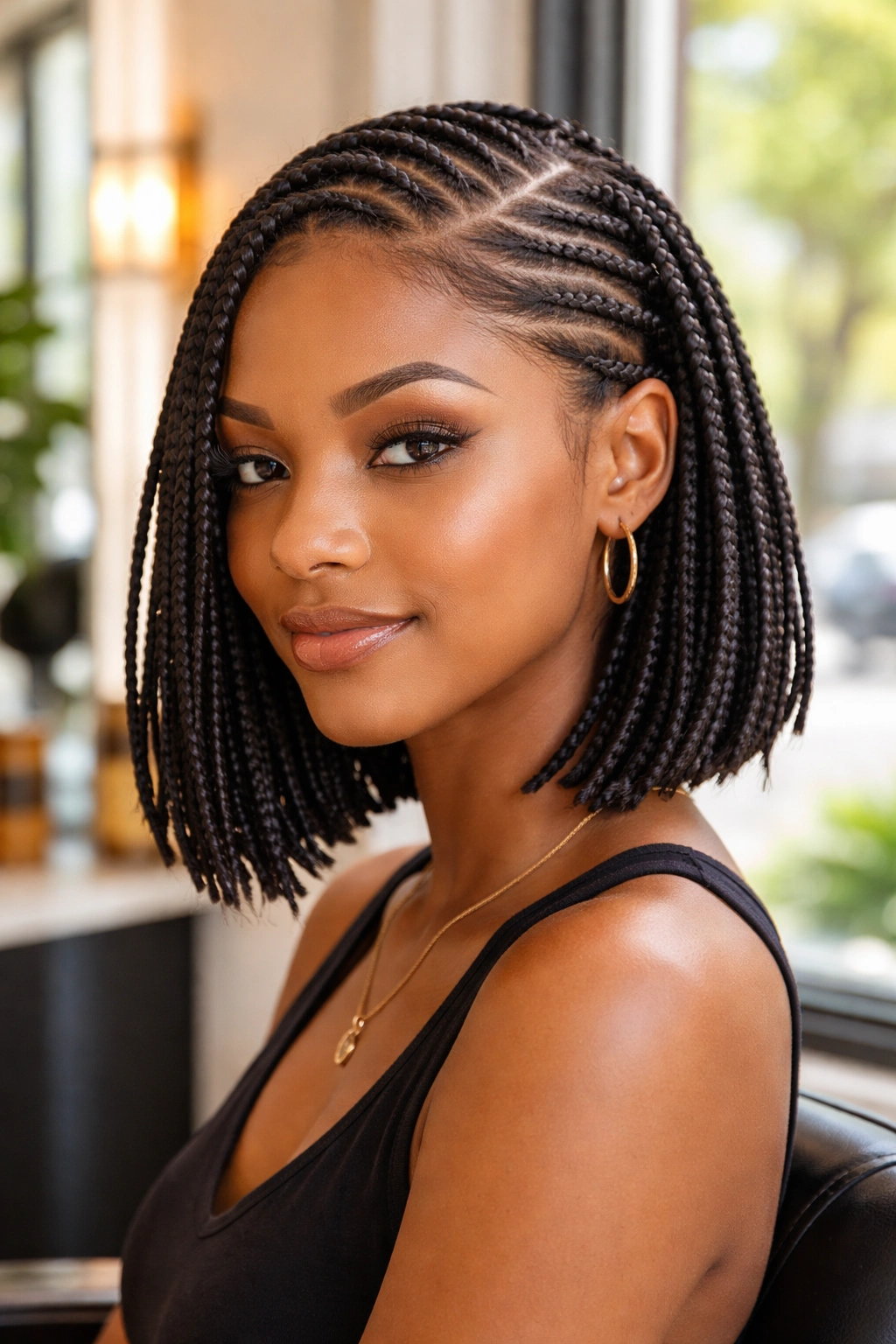 Close-up of half cornrows transitioning to pixie-length box braids on a real person