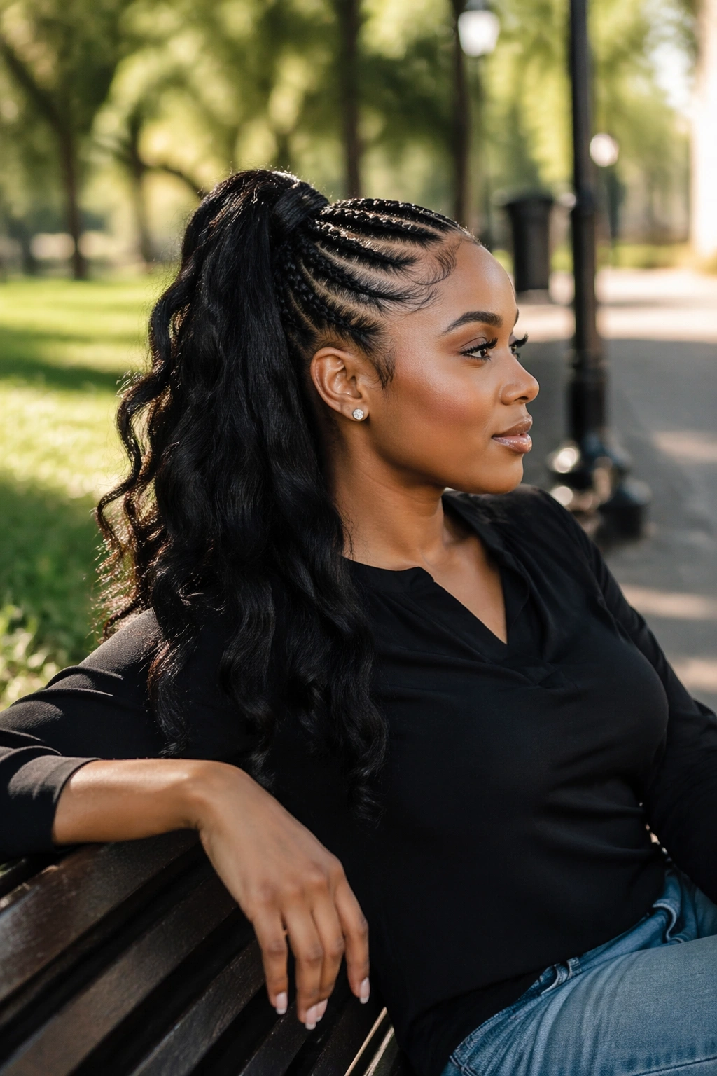 Side profile view of Half-Cornrow Ponytail on a sunlit park bench.