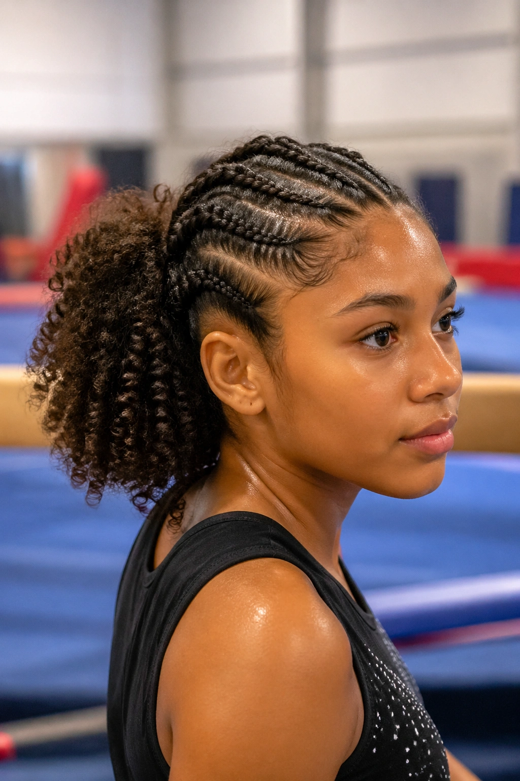 Close-up of real gymnast with half cornrow and half puff in gym