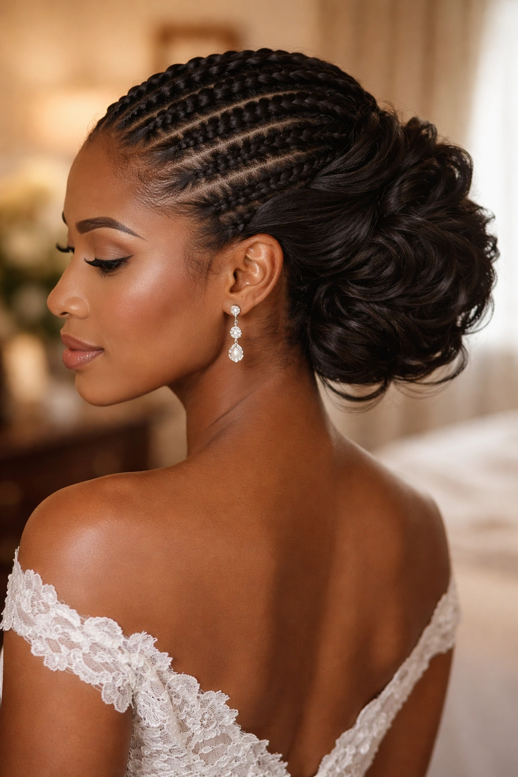 Portrait of a woman with half cornrows leading to a sculpted loose updo