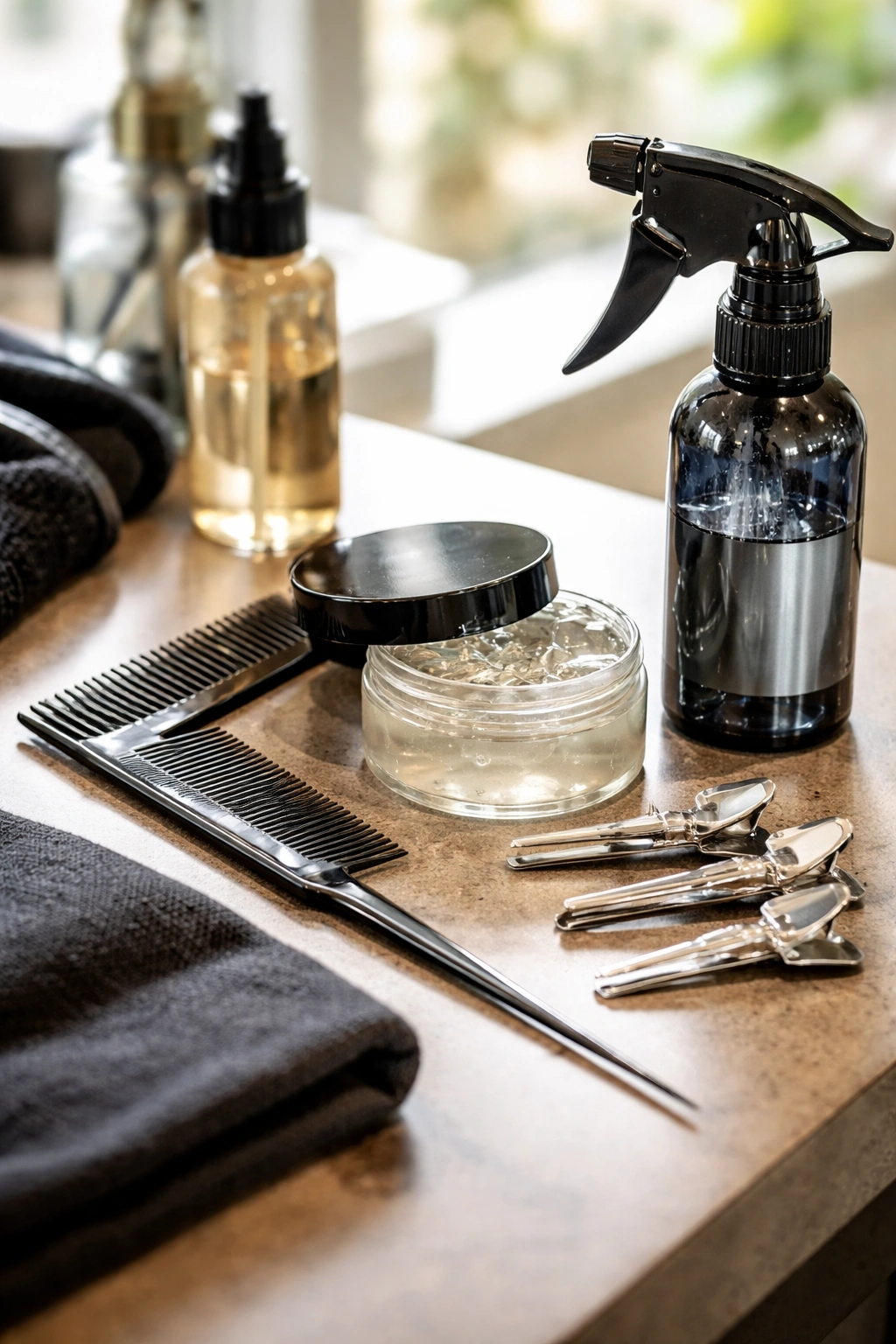 Close-up of half cornrow styling tools on a salon counter.