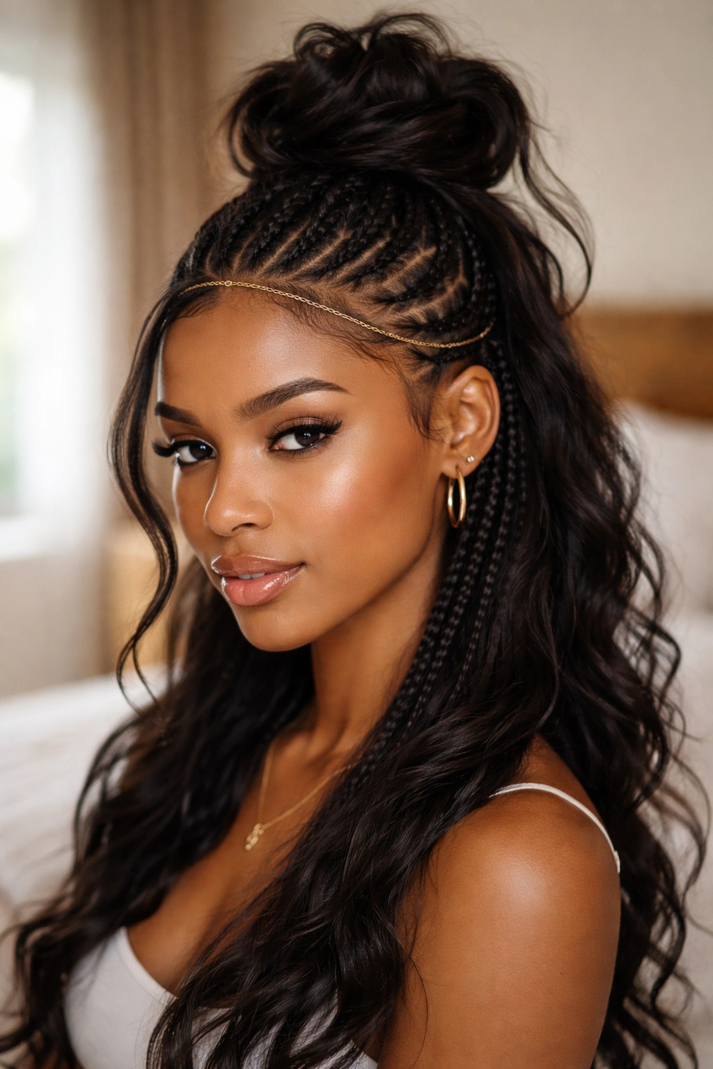 Close-up of a real woman with lower cornrows and a high loose topknot in a softly lit bedroom