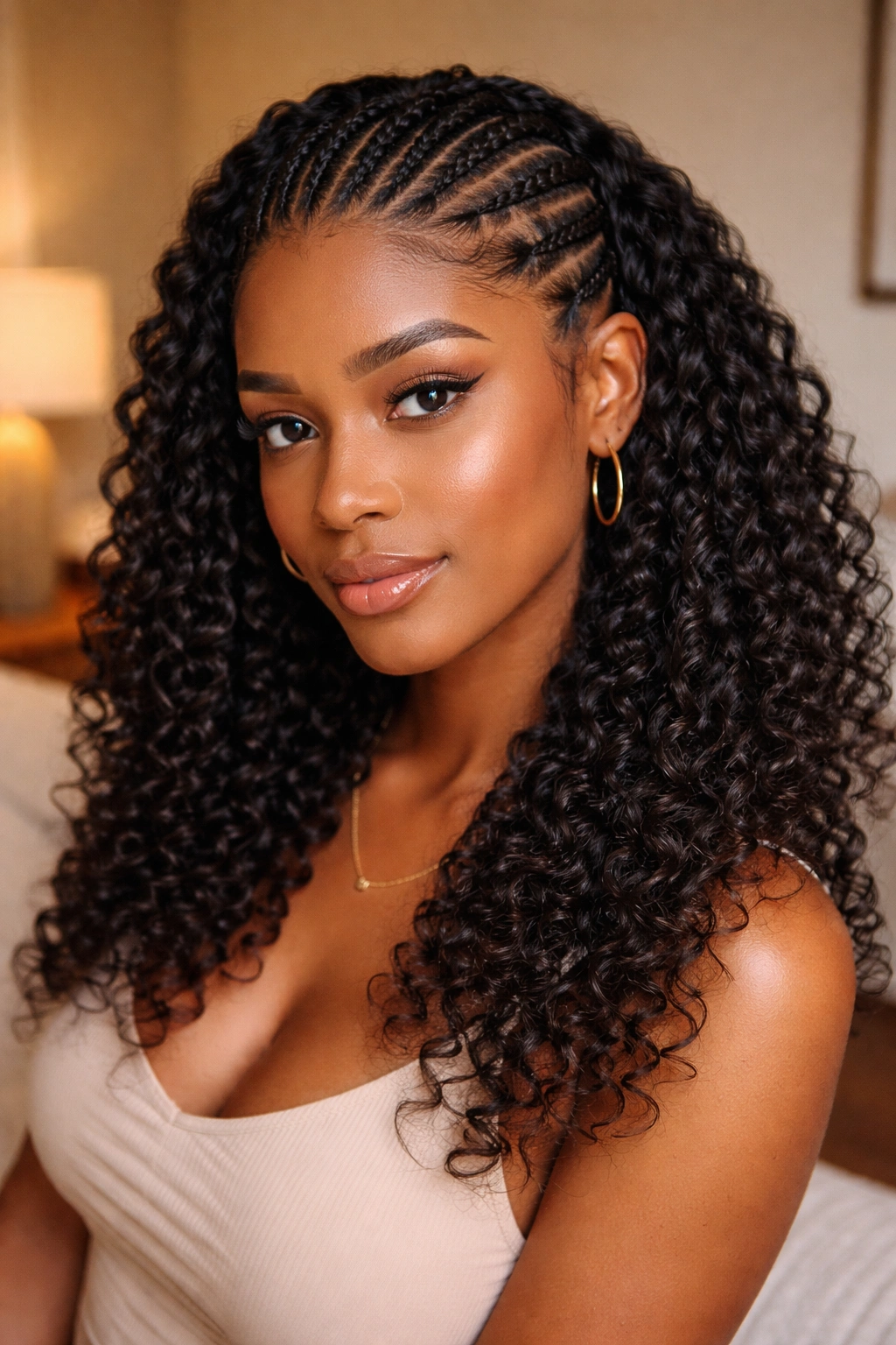 Portrait of a woman with half cornrows and twist-out loose hair