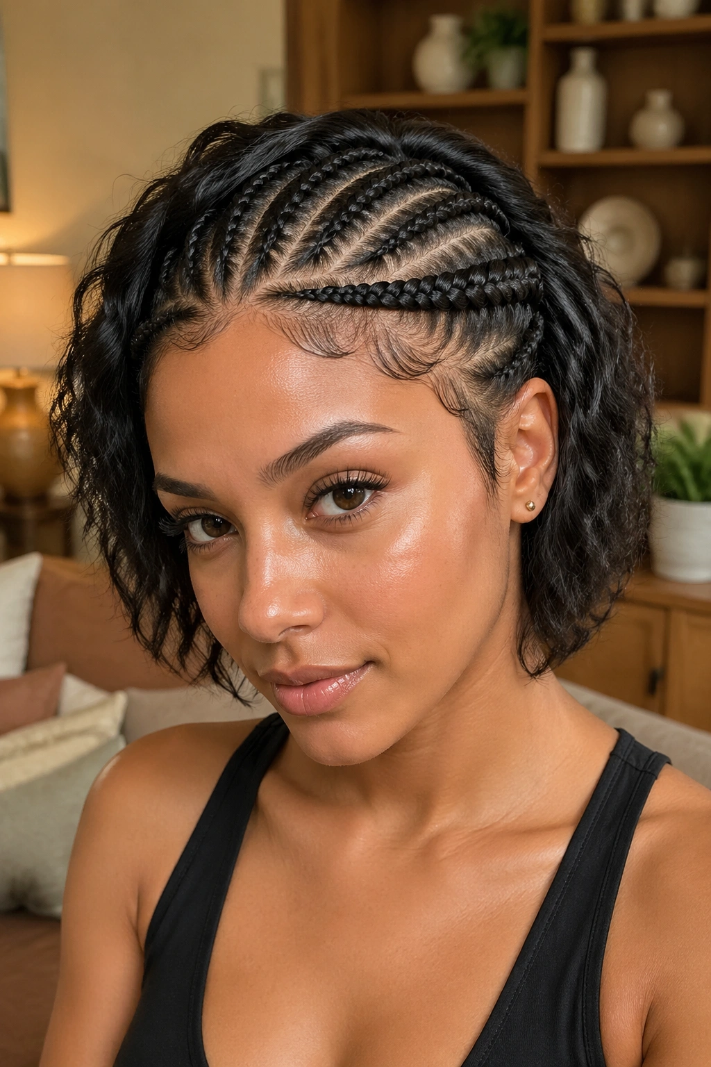 Close-up of half cornrows with a bold accent border along the parting line