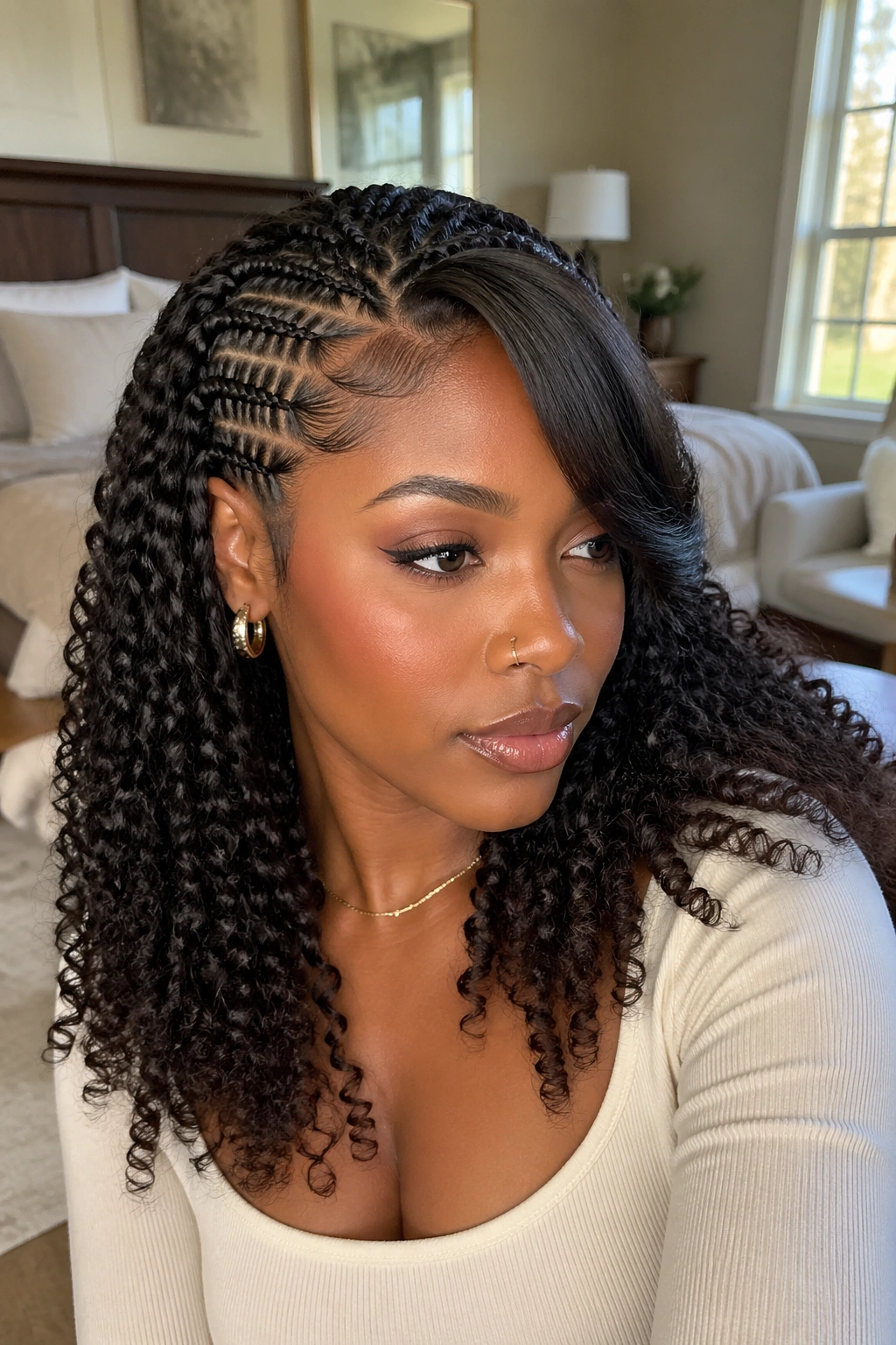 Close-up portrait of a real woman with half cornrows and side-swept bangs in warm bedroom light