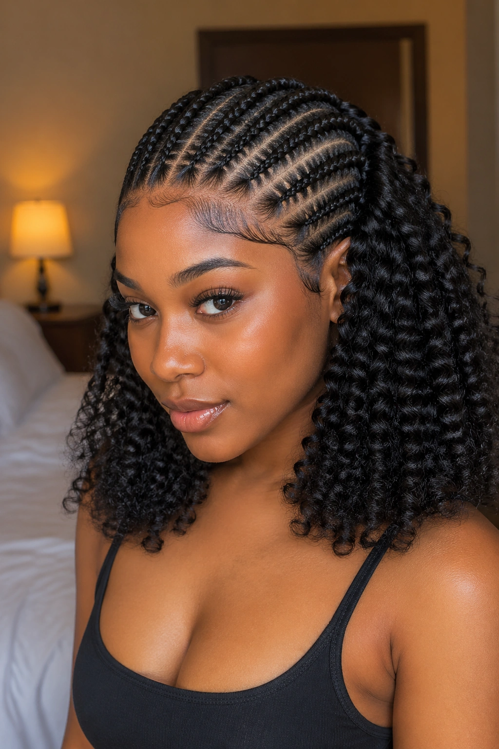 Close-up of a real woman with crown cornrows and bantu knot out curls in a softly lit bedroom