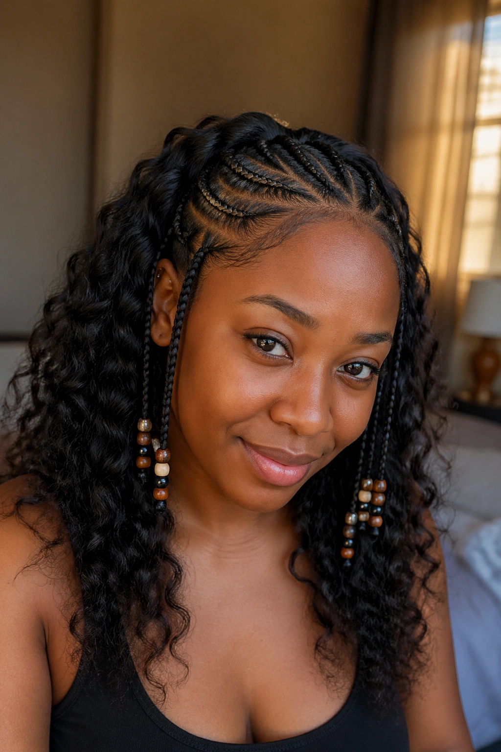 Portrait of a real person with half cornrows at the front/top and loose hair