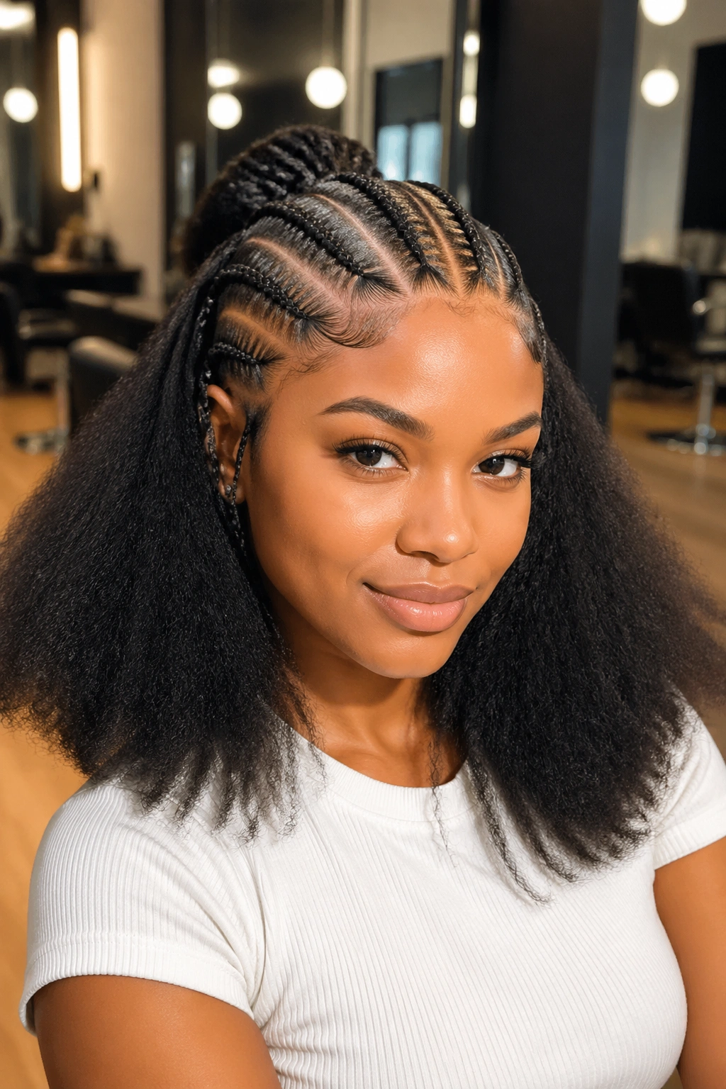 Real woman with cornrows on top and voluminous blowout bottom in a salon