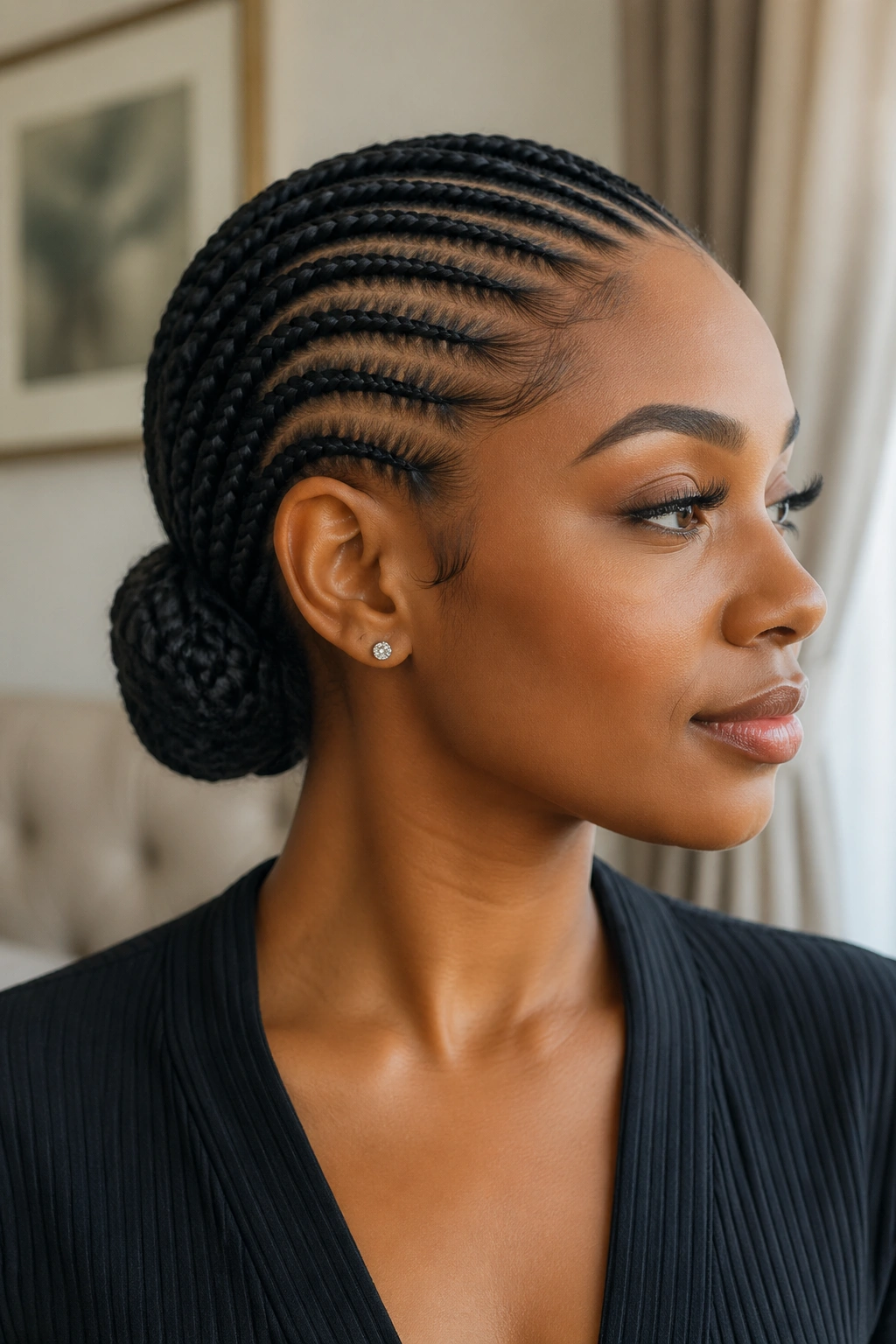 Real woman with cornrows leading to a pulled-back bun at the nape