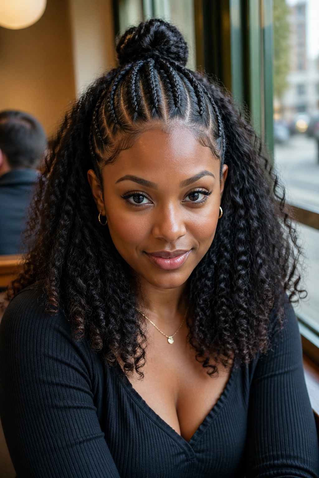 Real woman with cornrows on top, half-up bun, and loose curls bottom.