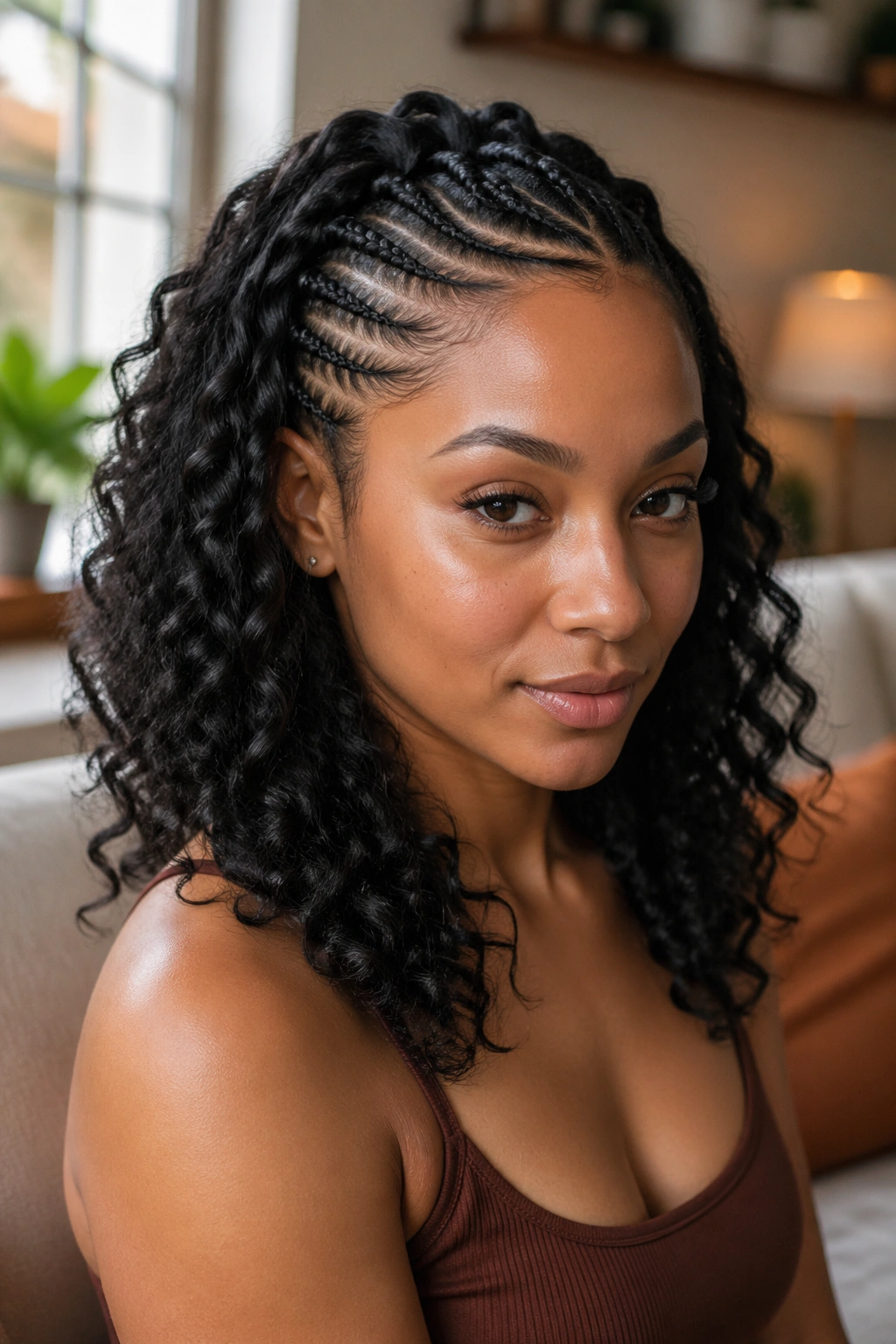 Close-up of a real woman with front cornrows and back loose curls illustrating the half hairstyle concept