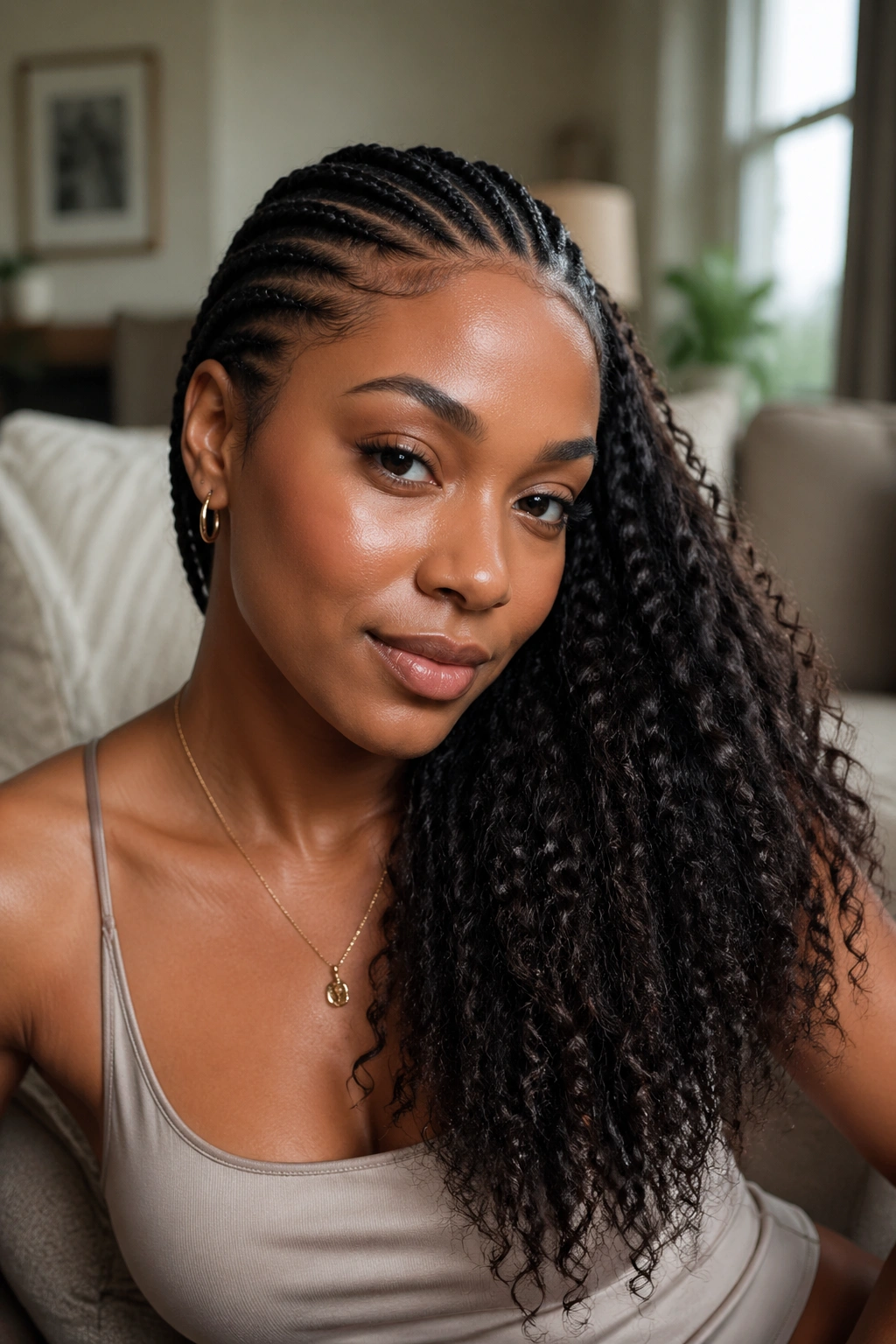 Real woman with asymmetrical half cornrows and one-sided curly bottom