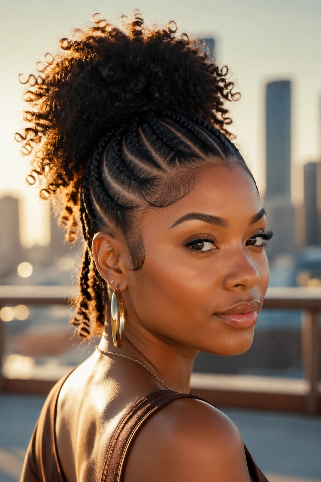 Real woman with front cornrows and a curly high puff at the crown