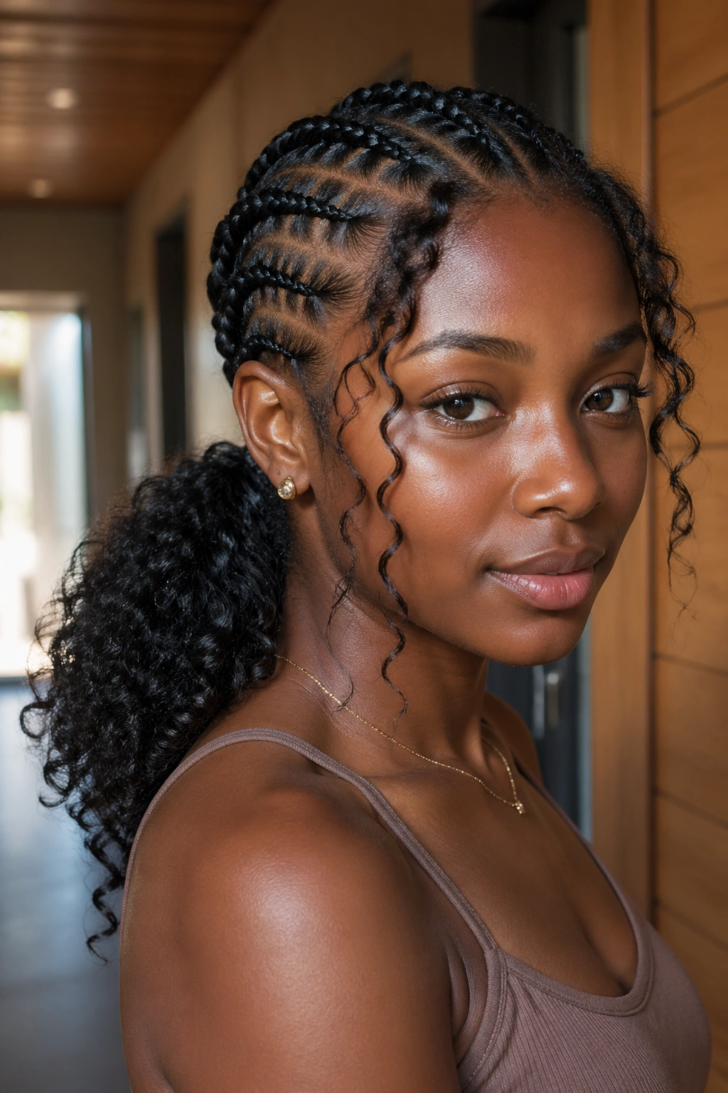 Real woman with half cornrows flowing into a curly low pony