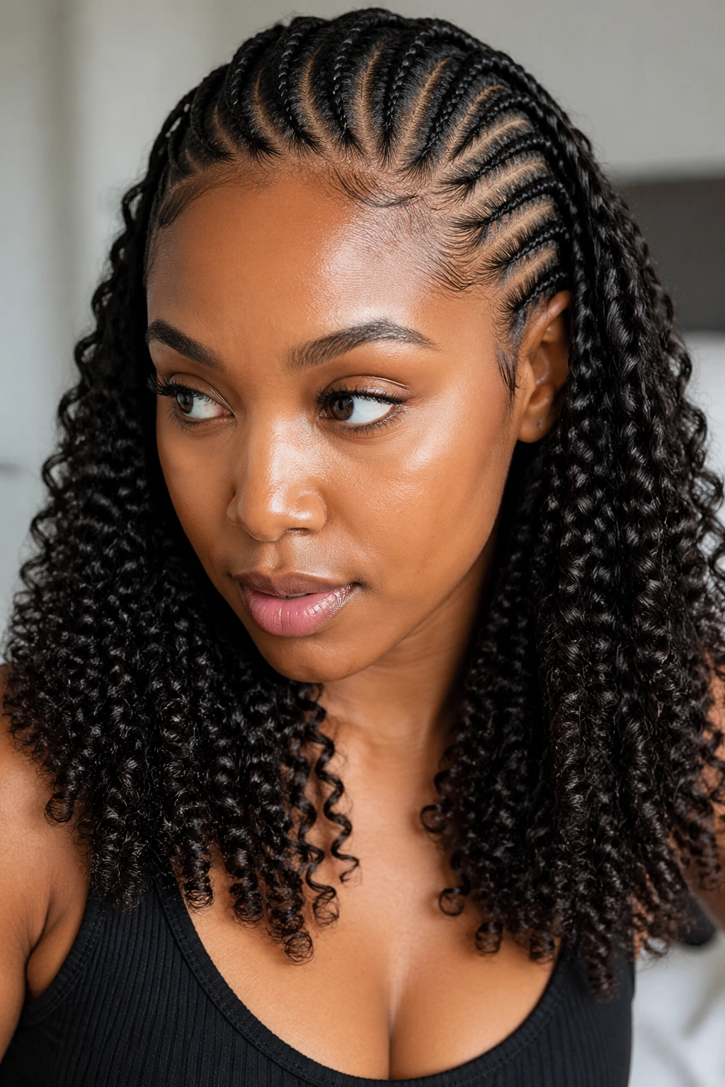 Close-up of a real woman's hairstyle with half cornrows and defined bottom curls