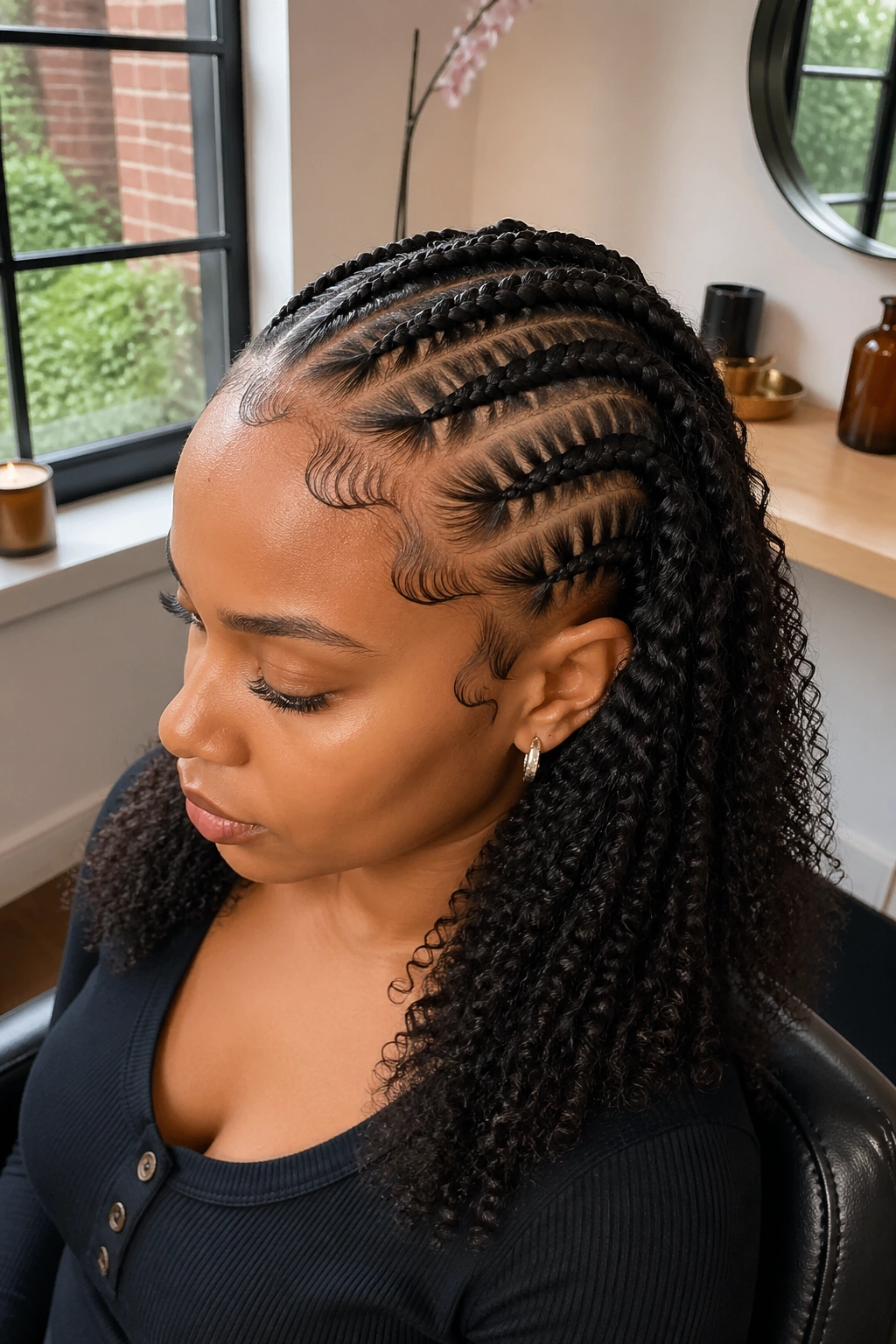 Close-up of a real woman with half cornrows and visible edge patterns along the hairline