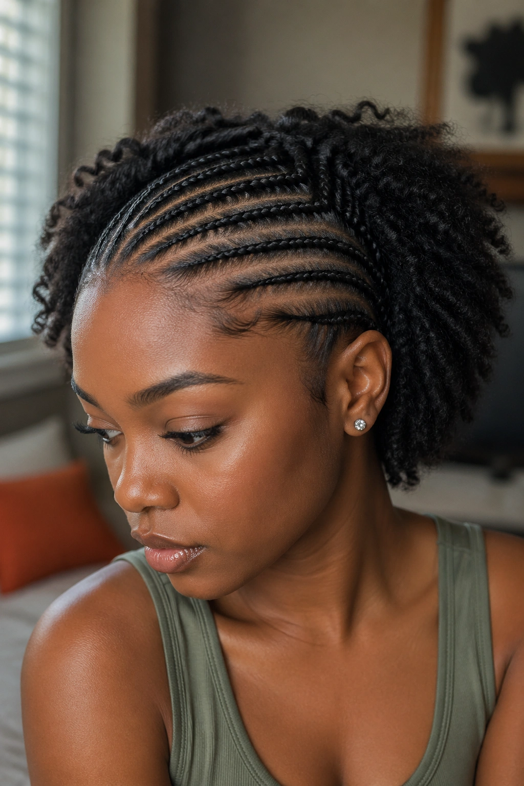 Front-half needle cornrows on a real person with back natural texture