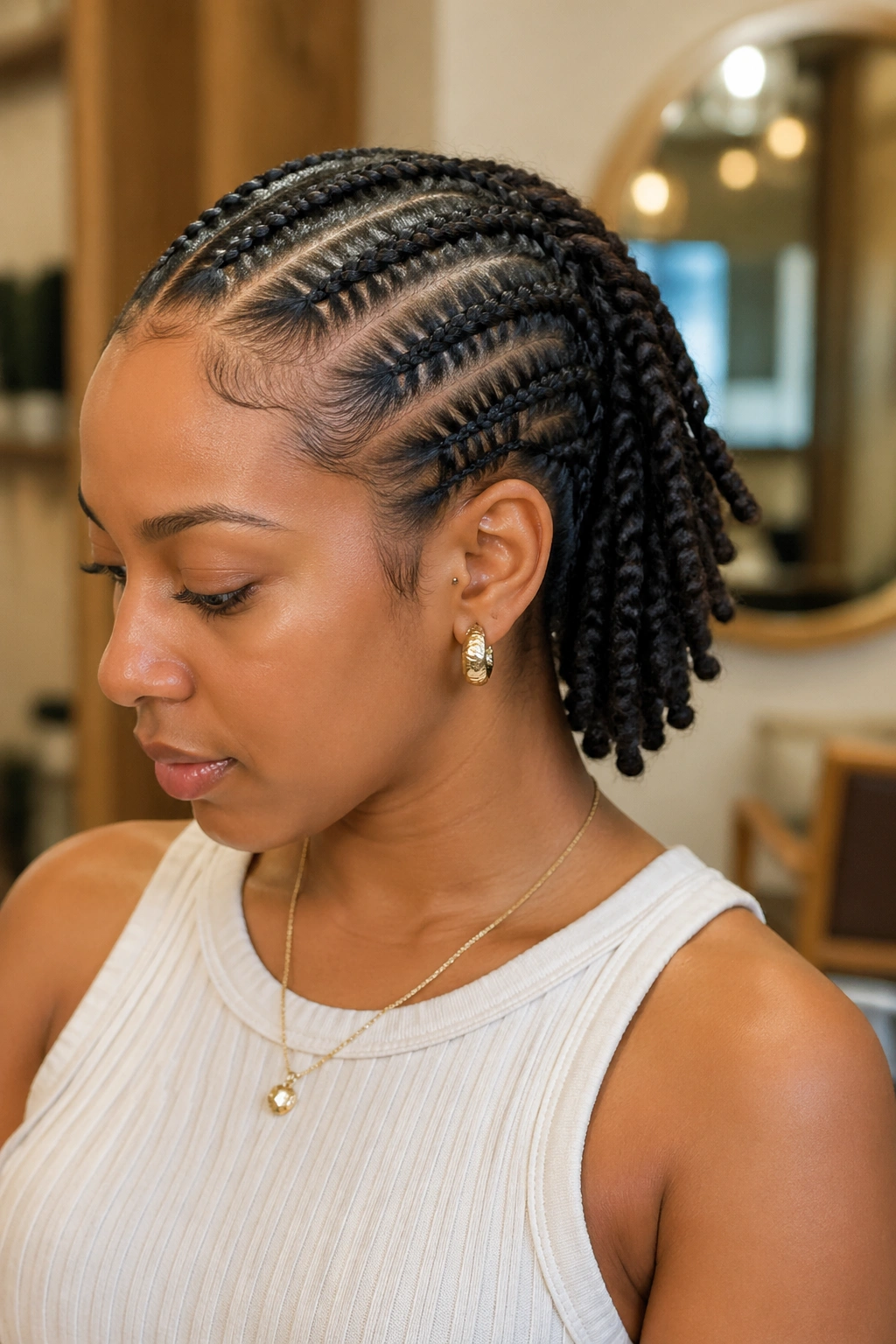 Front half cornrows with low twist-out at the back on a real person