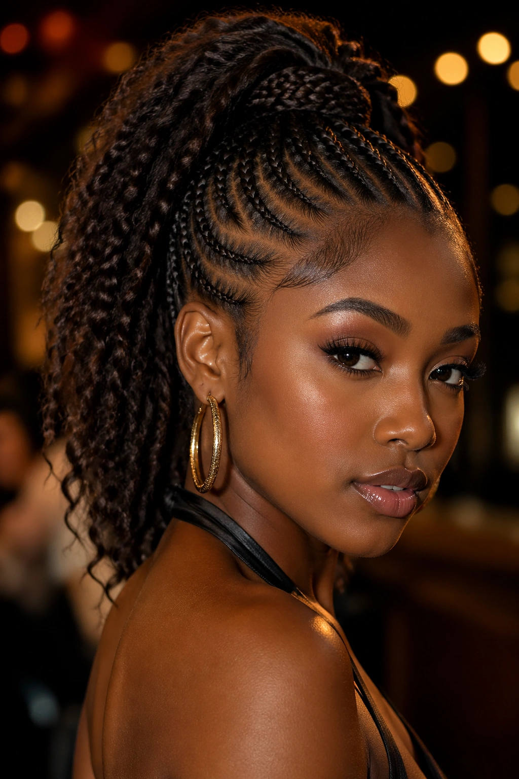 Close-up of half cornrows forming a crown with a high ponytail attachment