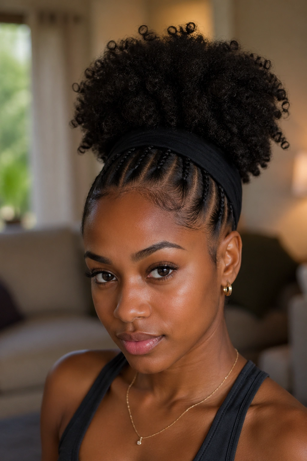 Real woman with half cornrows feeding into a high puff secured by a headband
